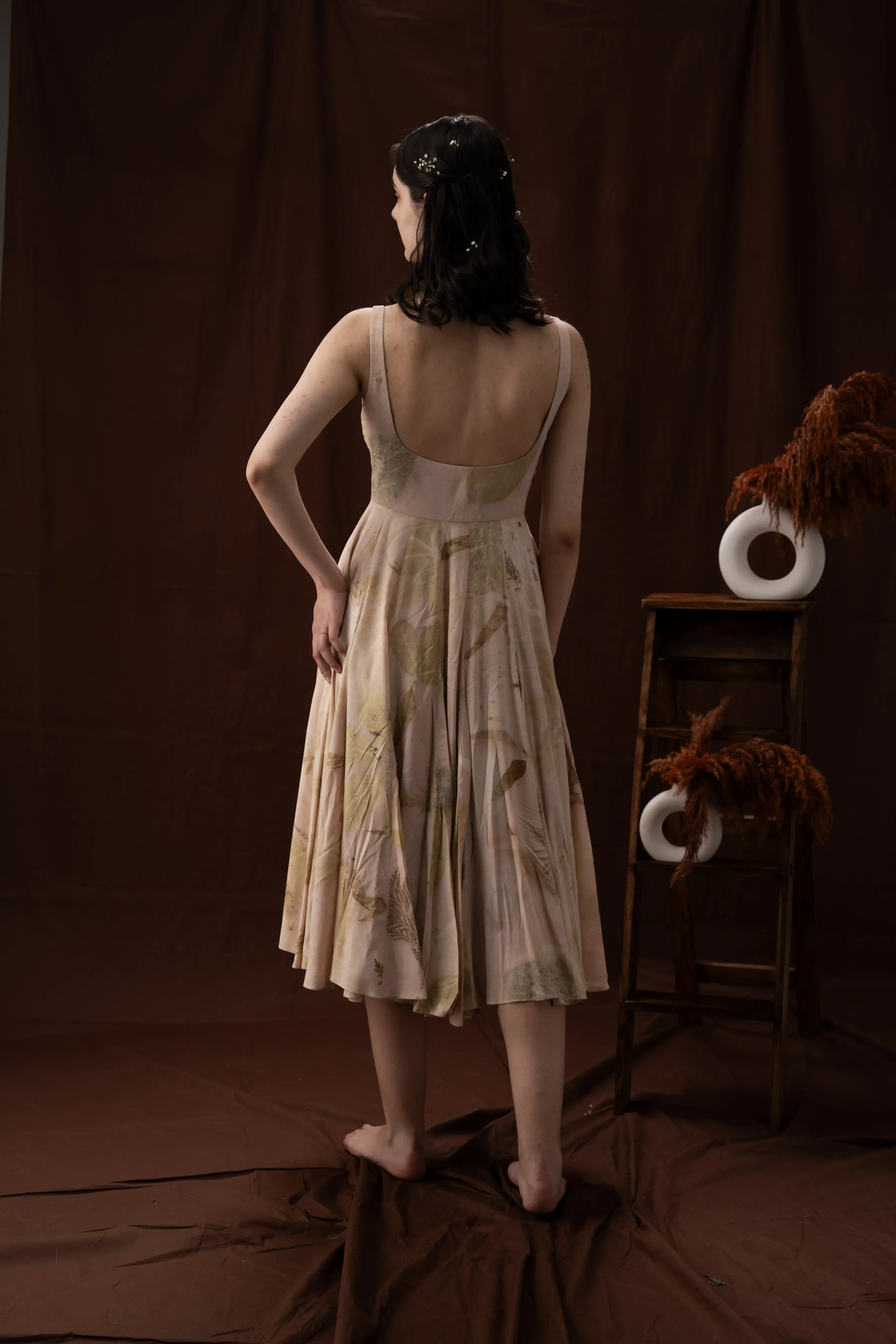 Sophisticated Beige Banana Fabric Square Neck Cut-Out Midi Dress