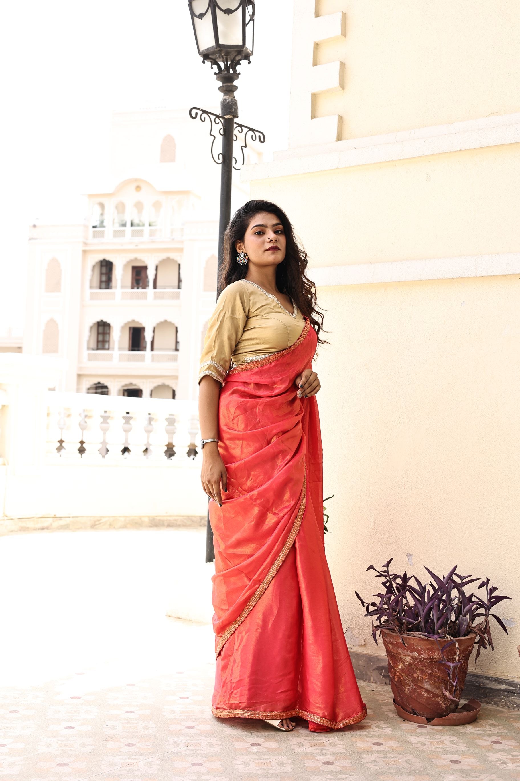Gorgeous Red Pink Satin Georgette Saree with Lace Border
