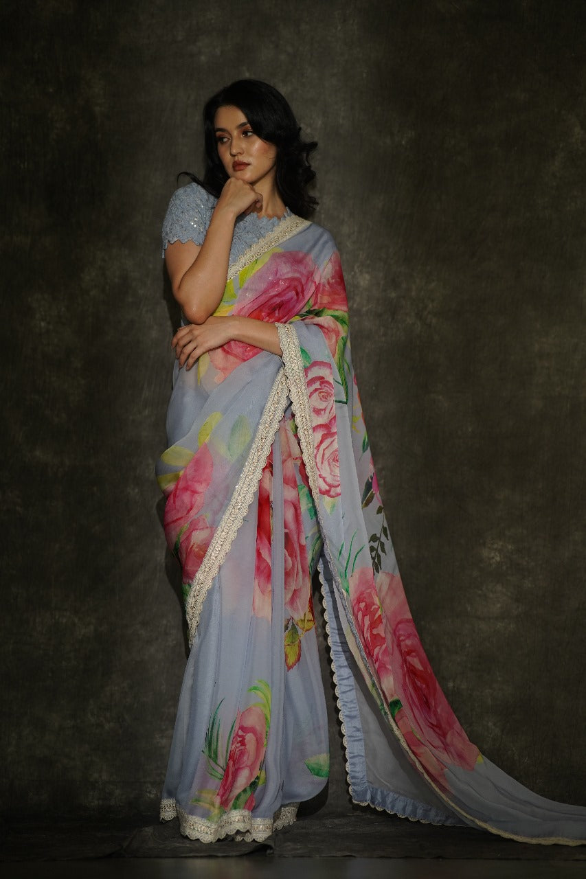 Manorama Elephant Gray Organza Saree with Chikankari Scallop Border - Pure Organza