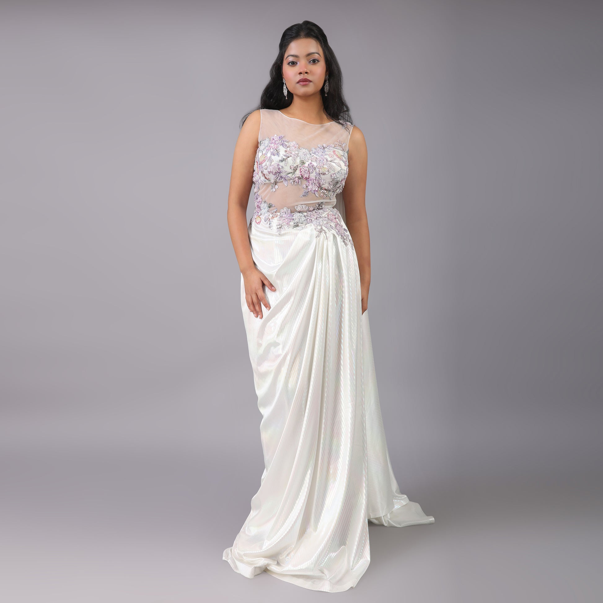Stunning Holographic White Multicolor Floral Pre-Draped Saree Gown