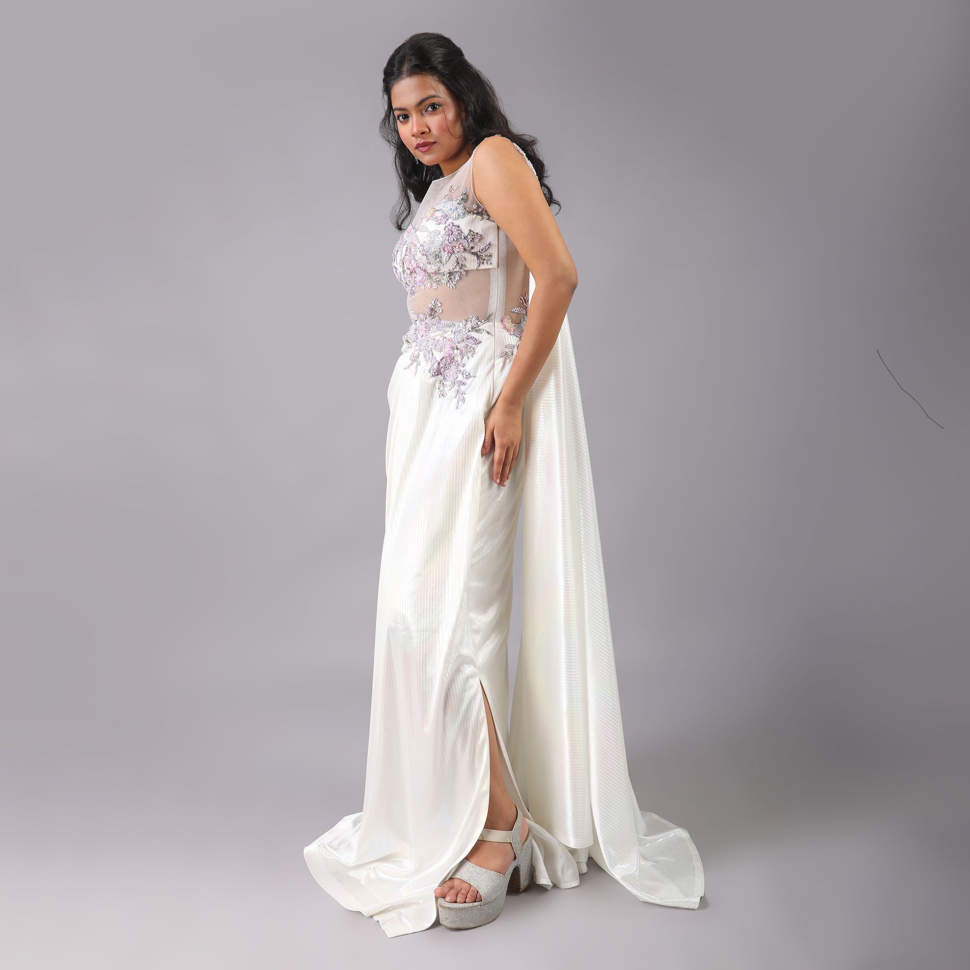 Stunning Holographic White Multicolor Floral Pre-Draped Saree Gown