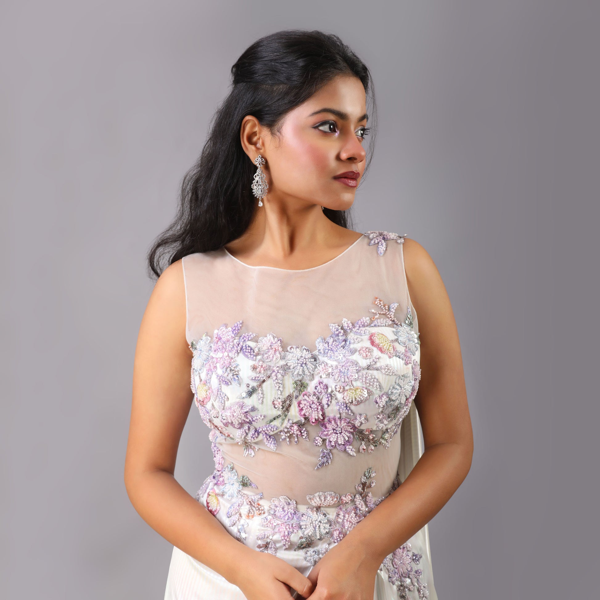 Stunning Holographic White Multicolor Floral Pre-Draped Saree Gown