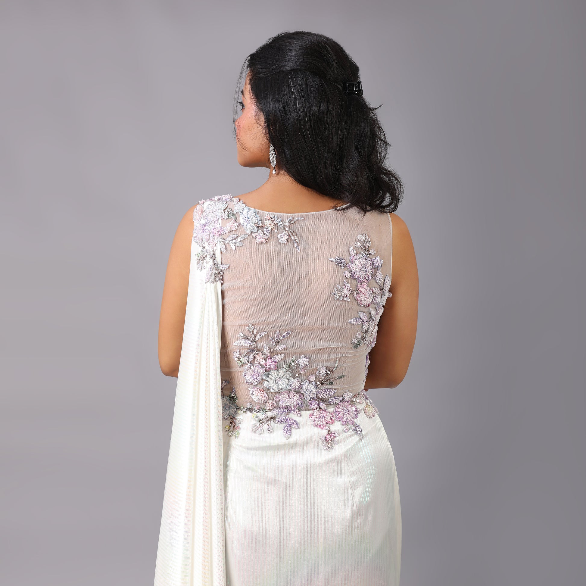 Stunning Holographic White Multicolor Floral Pre-Draped Saree Gown