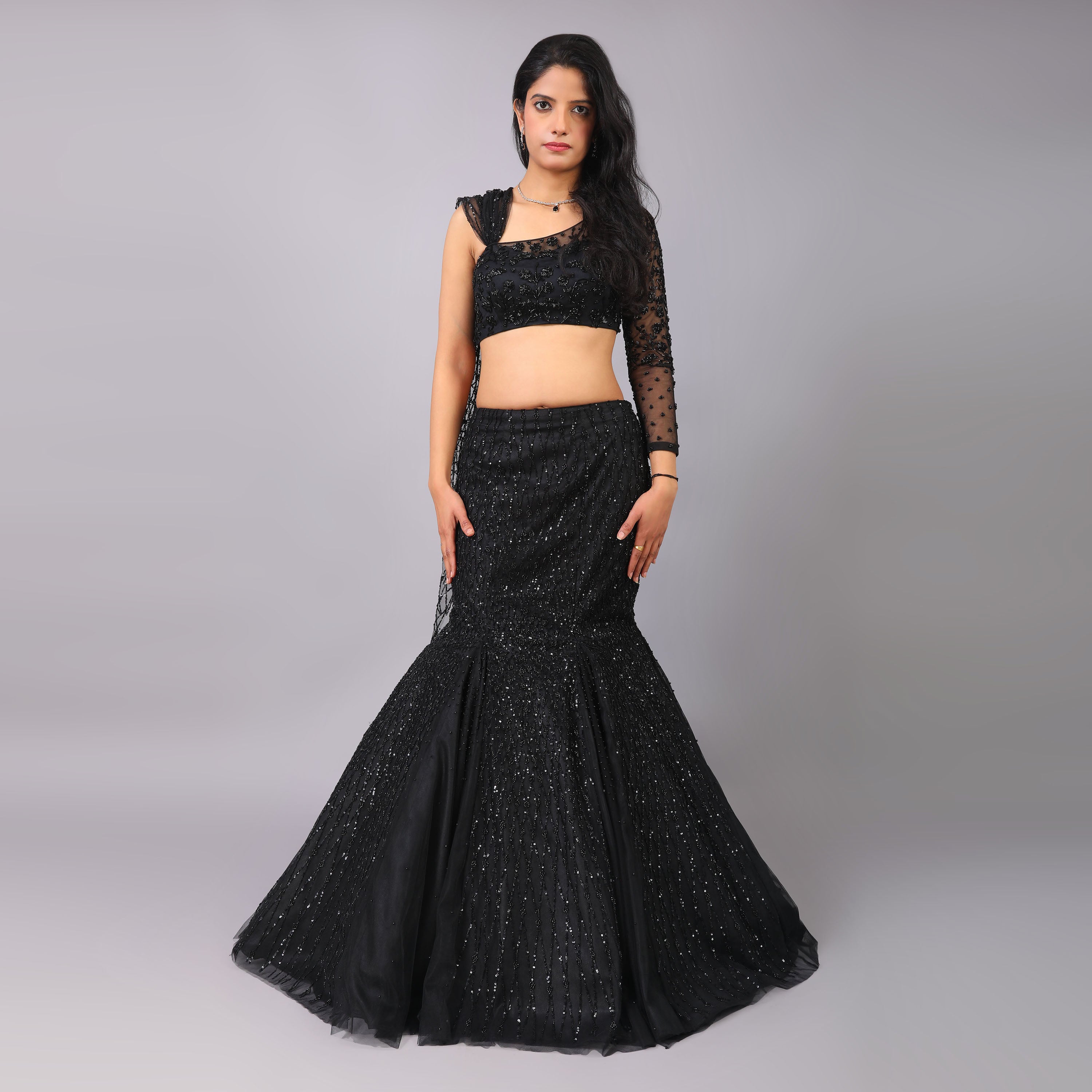 Black Fish Cut Hand Embroidered Lehenga Set - Bridal Lehenga