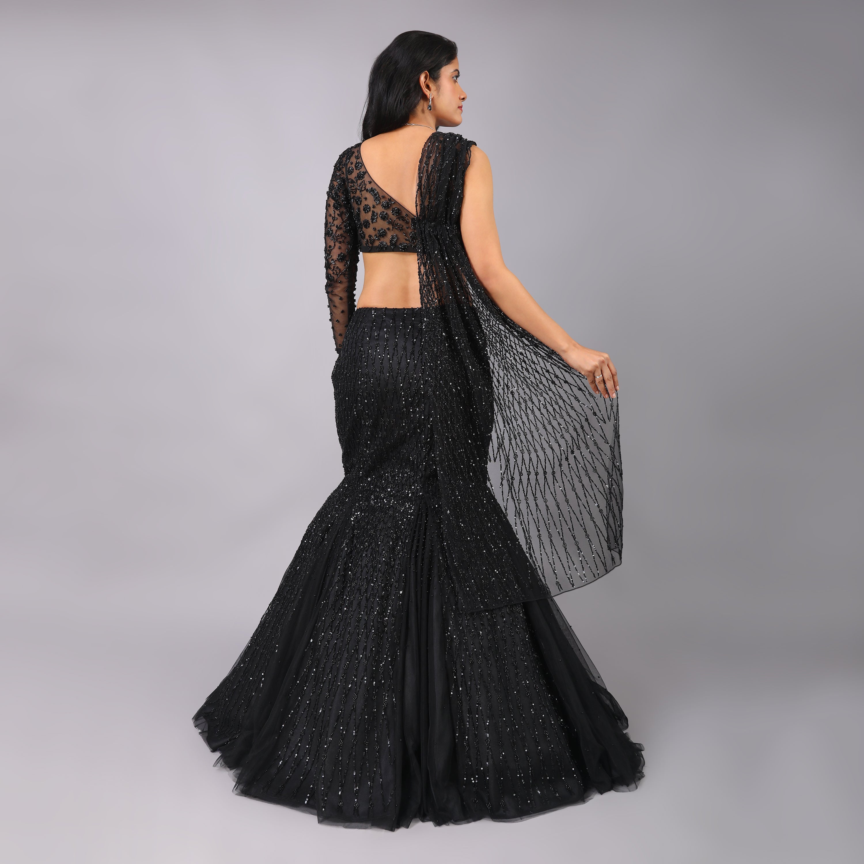 Black Fish Cut Hand Embroidered Lehenga Set - Bridal Lehenga