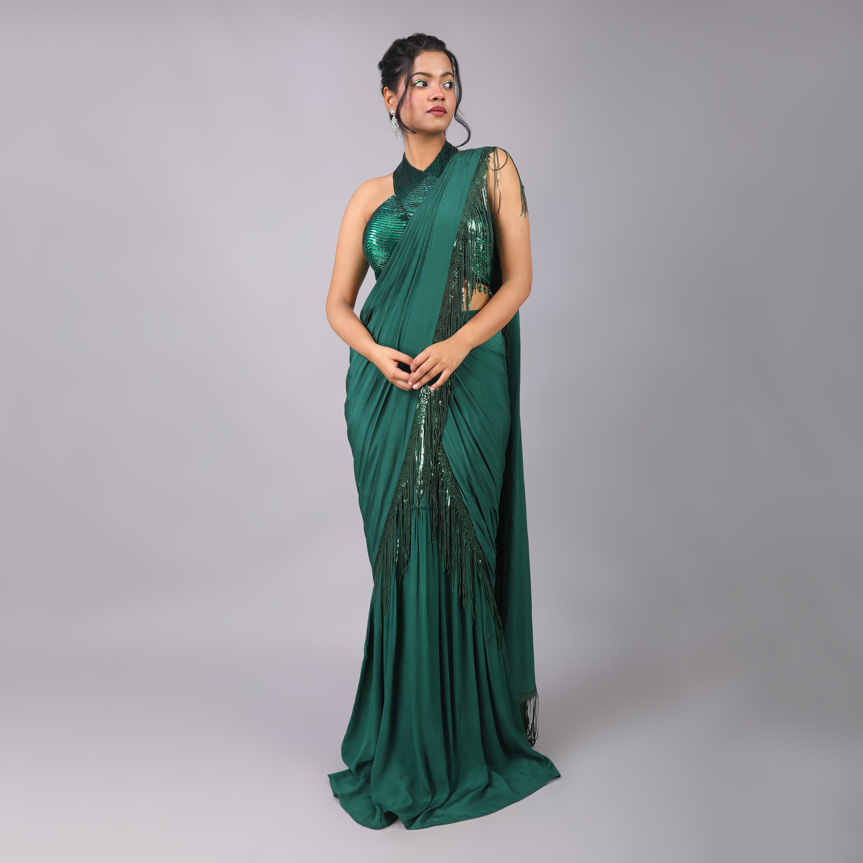 Elegant Emerald Green Crepe Pre-Draped Saree Sequin Blouse