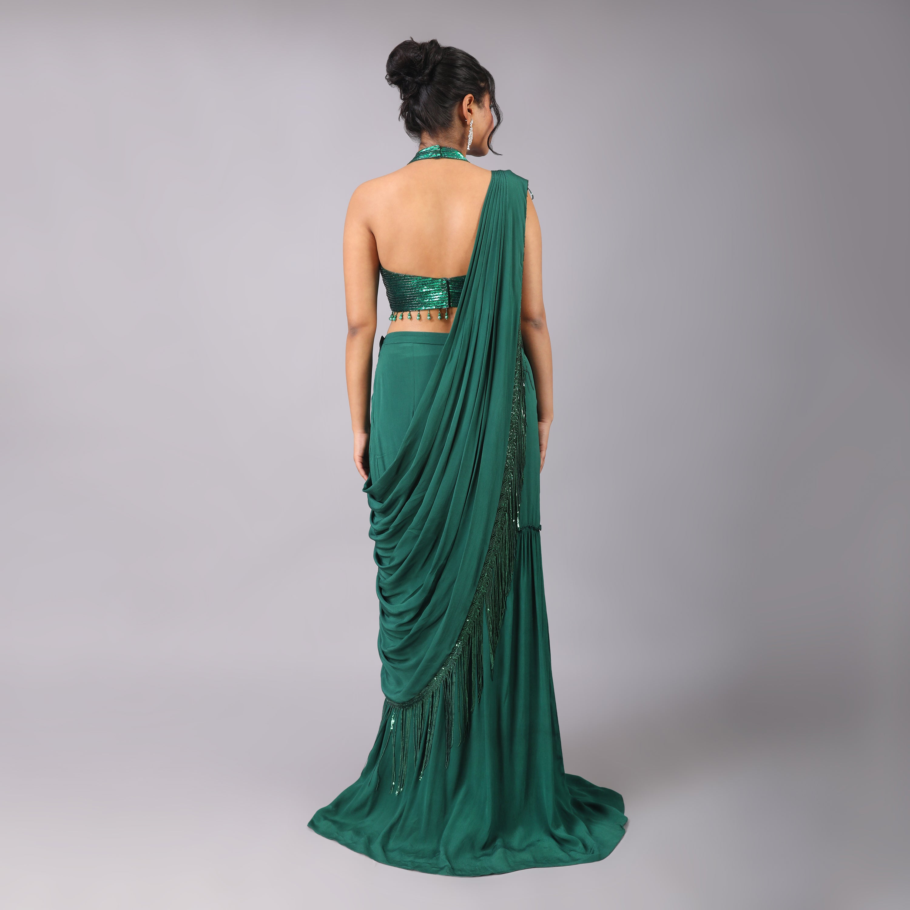 Elegant Emerald Green Crepe Pre-Draped Saree Sequin Blouse