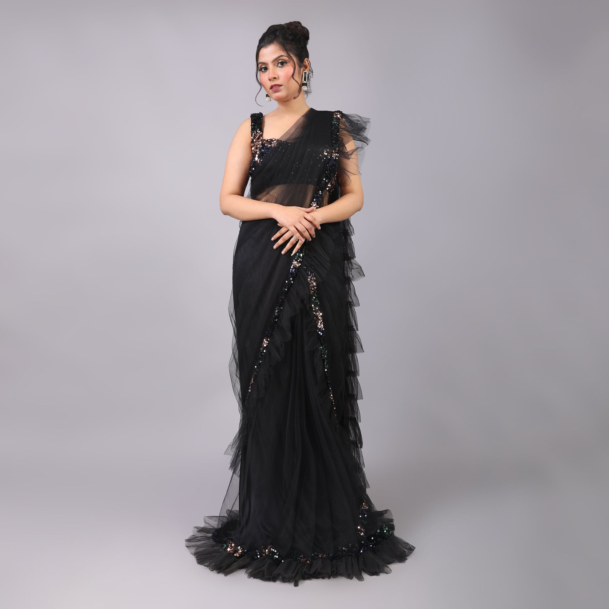 Classic Black Ruffled Velvet Pre-Draped Saree Sequin Blouse