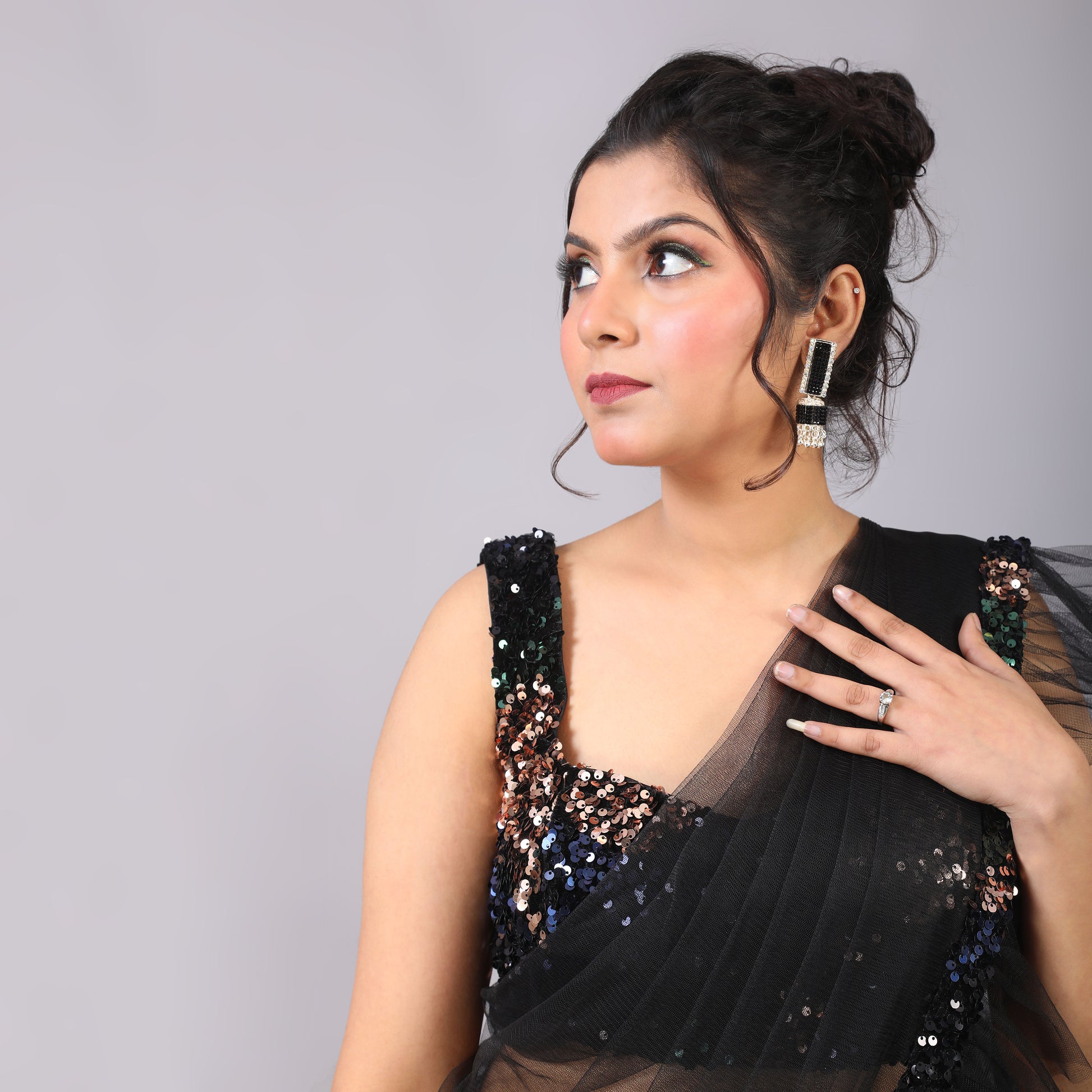 Classic Black Ruffled Velvet Pre-Draped Saree Sequin Blouse