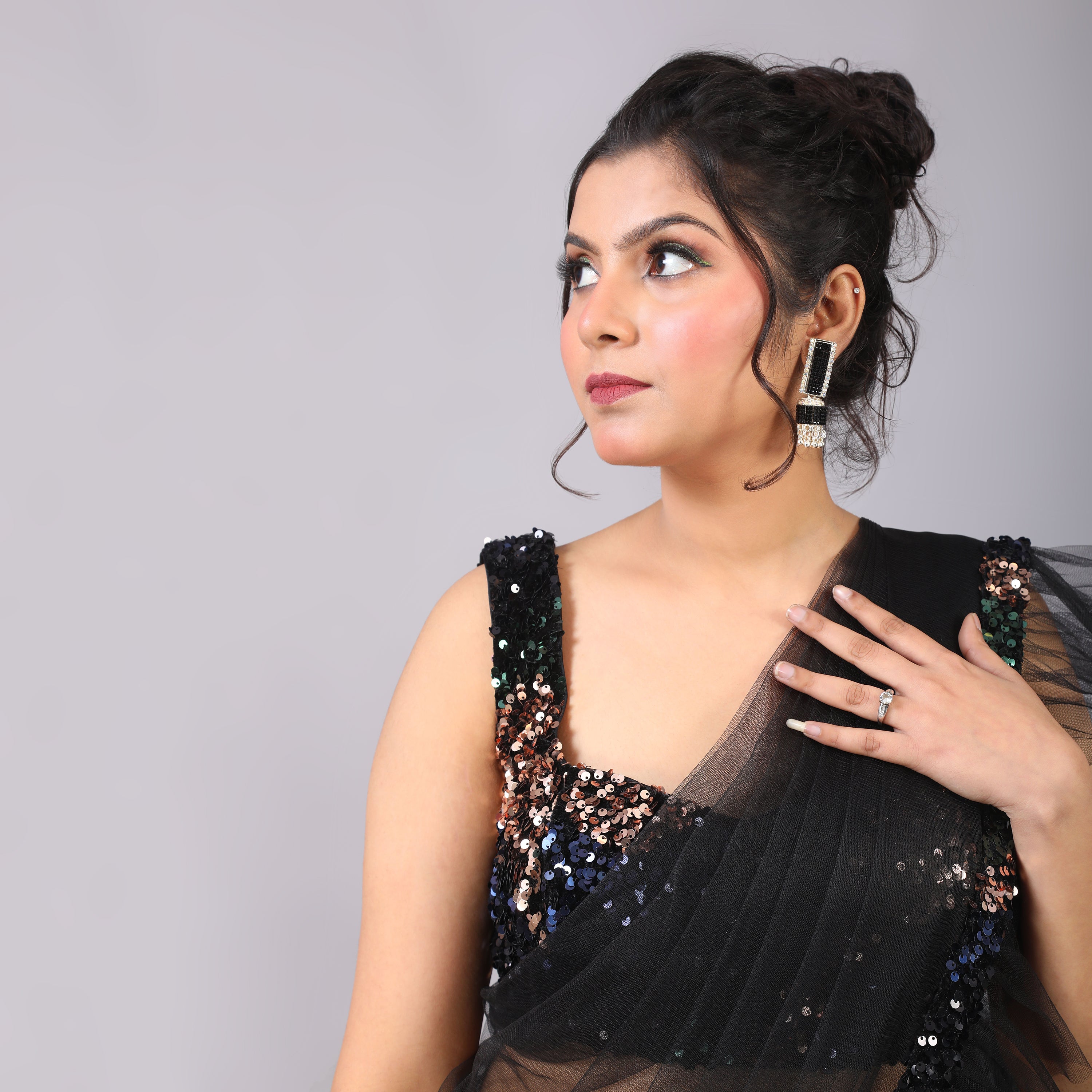 Classic Black Ruffled Velvet Pre-Draped Saree Sequin Blouse