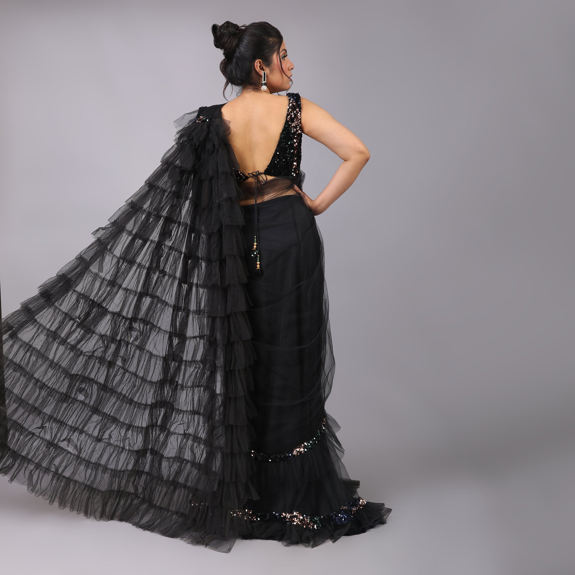 Classic Black Ruffled Velvet Pre-Draped Saree Sequin Blouse