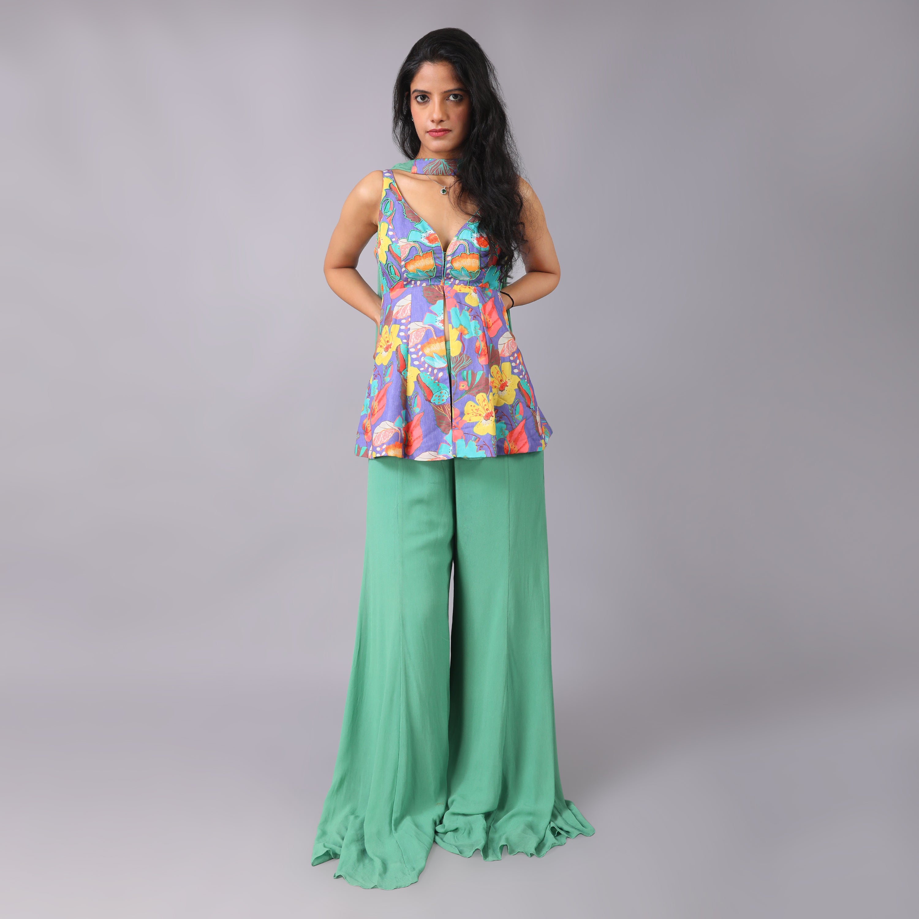 Vibrant Multicolored Georgette Peplum Top Green Sharara Set