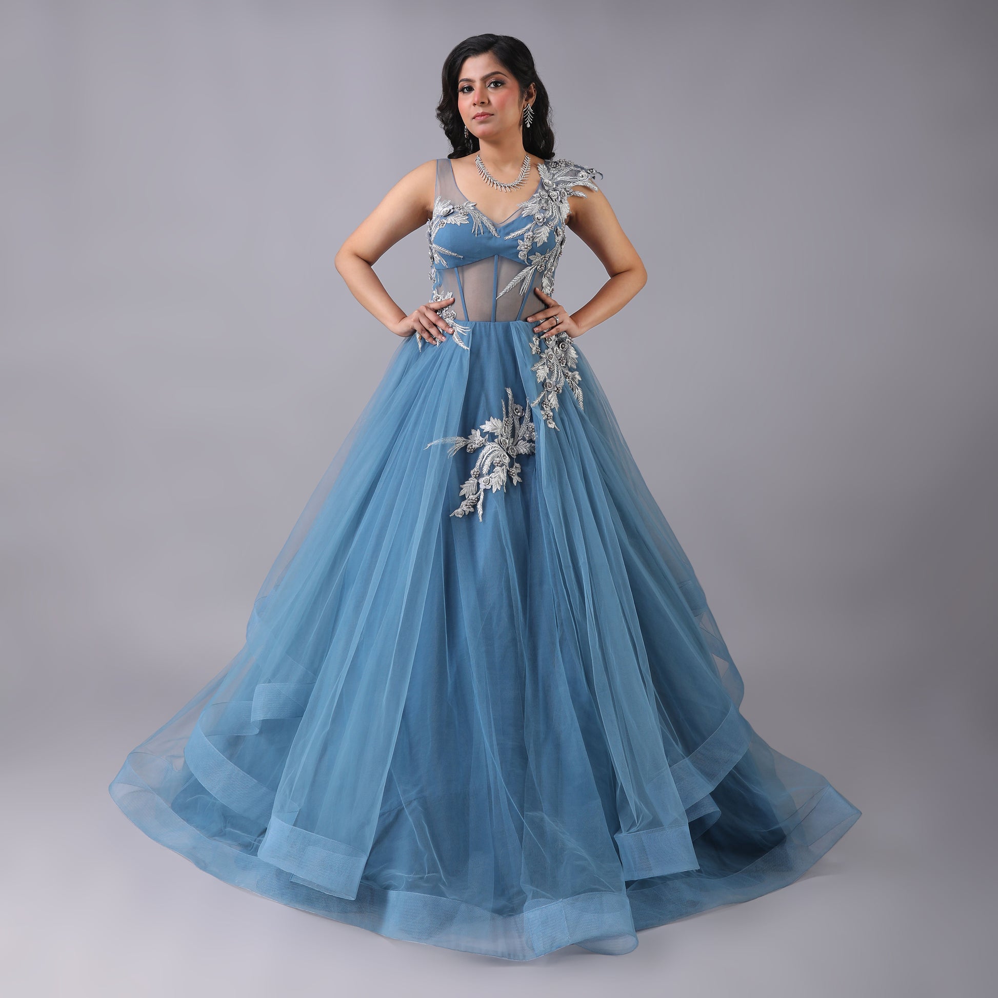 Dreamy Asymmetrical Blue Tulle Net Gown Silver Embroidery