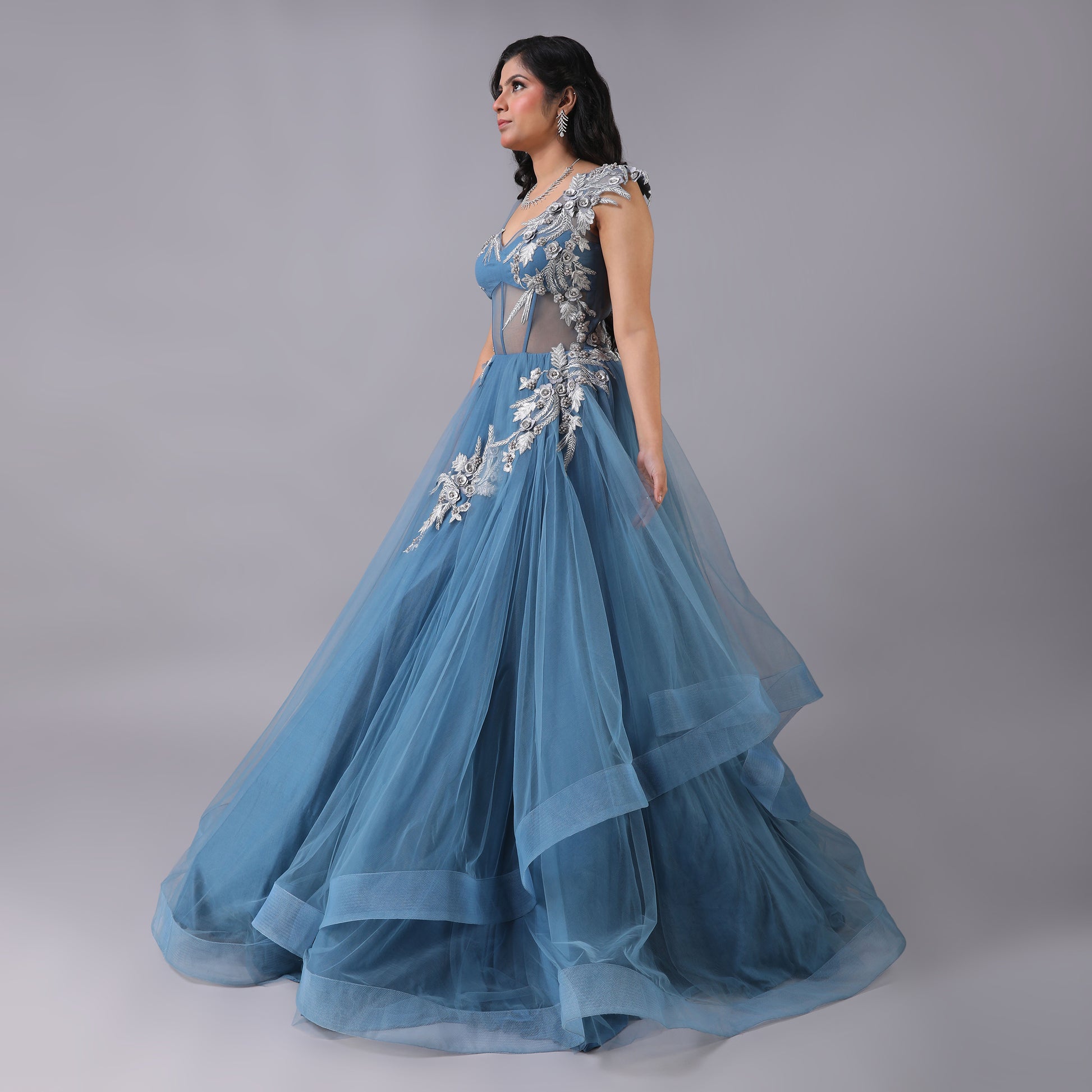 Dreamy Asymmetrical Blue Tulle Net Gown Silver Embroidery