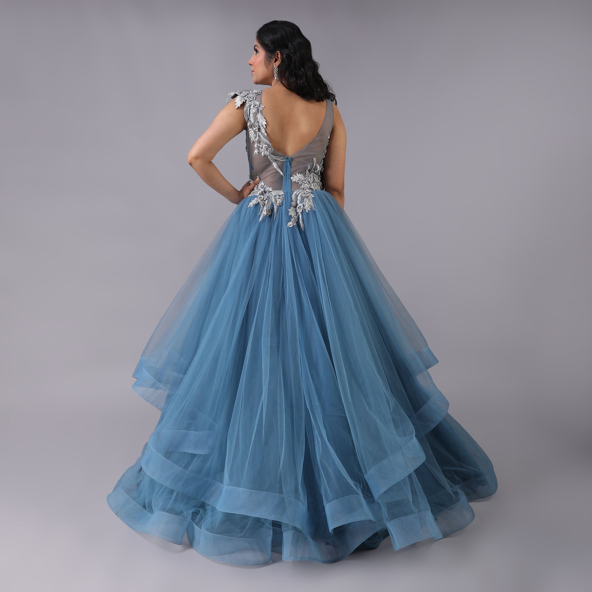 Dreamy Asymmetrical Blue Tulle Net Gown Silver Embroidery