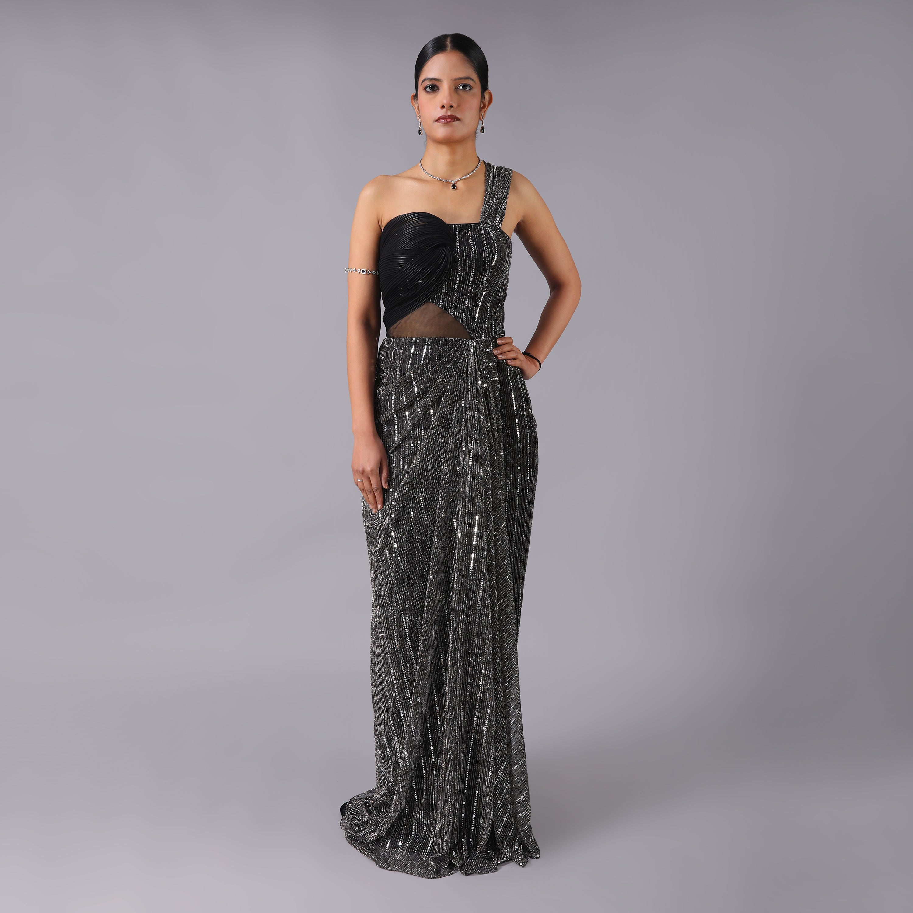 Glam Metallic Grey One-Shoulder Sequin Pre-Draped Saree Gown