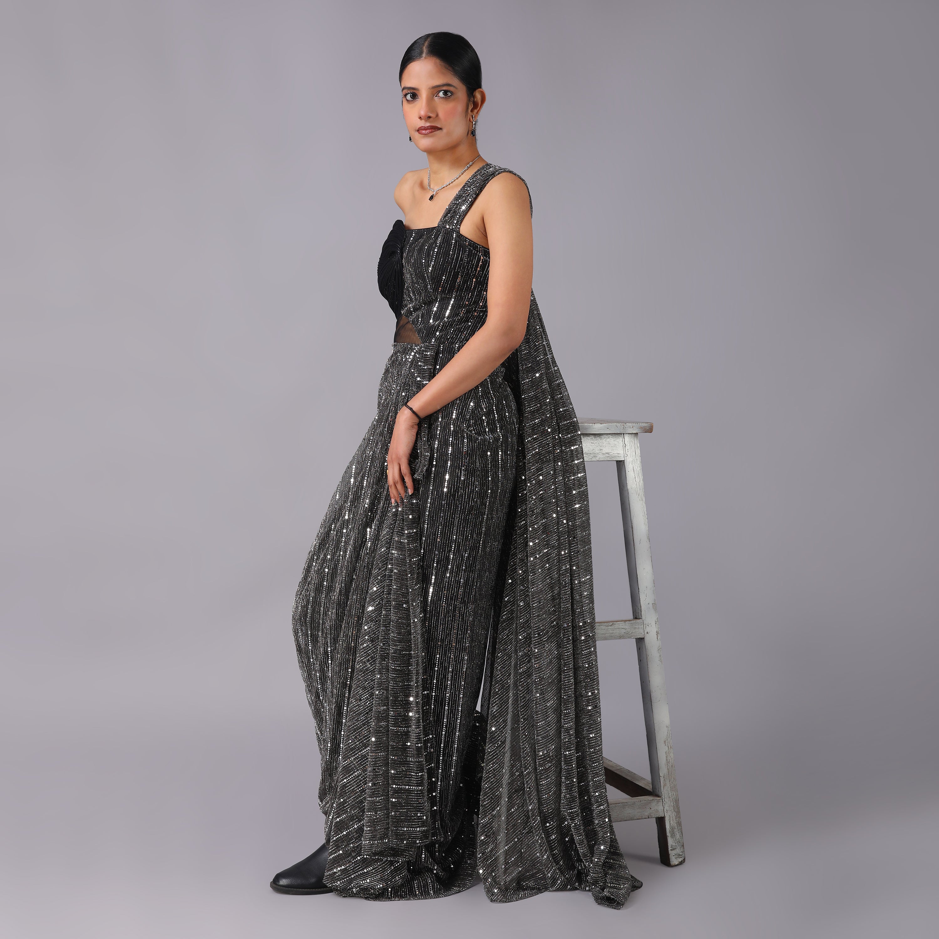 Glam Metallic Grey One-Shoulder Sequin Pre-Draped Saree Gown