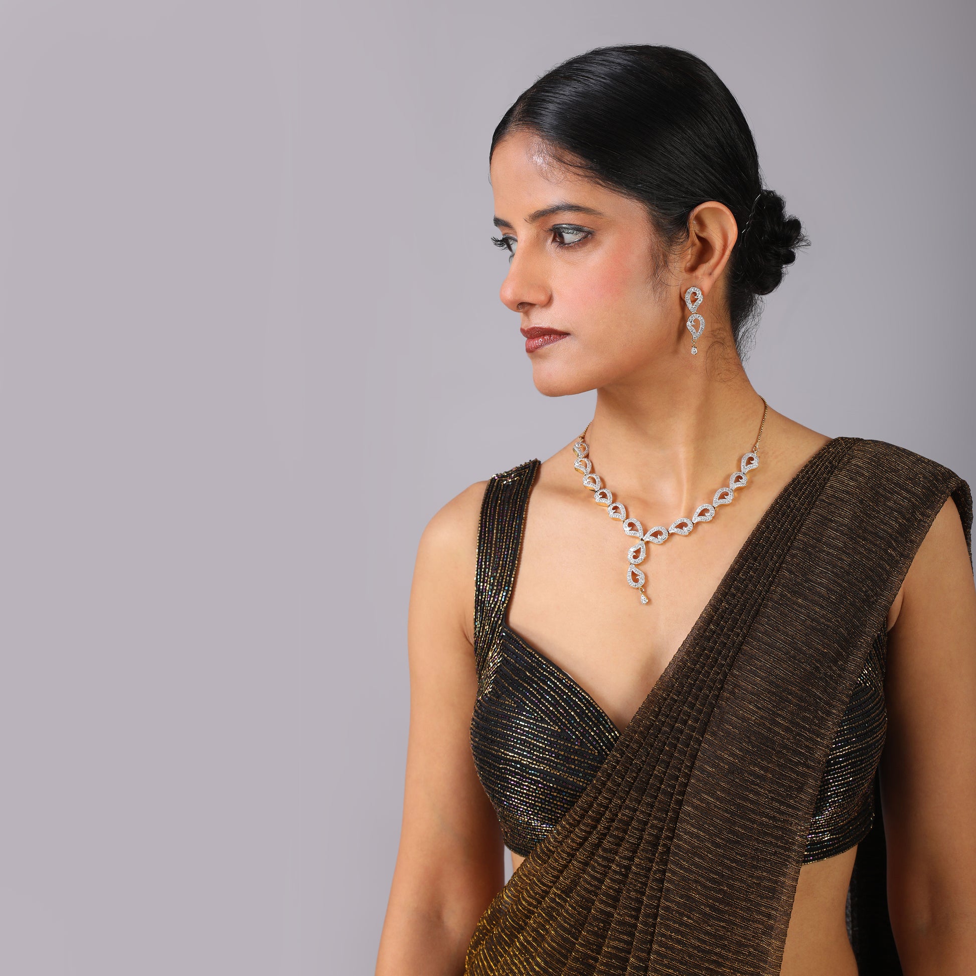 Shimmering Bronze Metallic Pre-Draped Saree Geometric Blouse