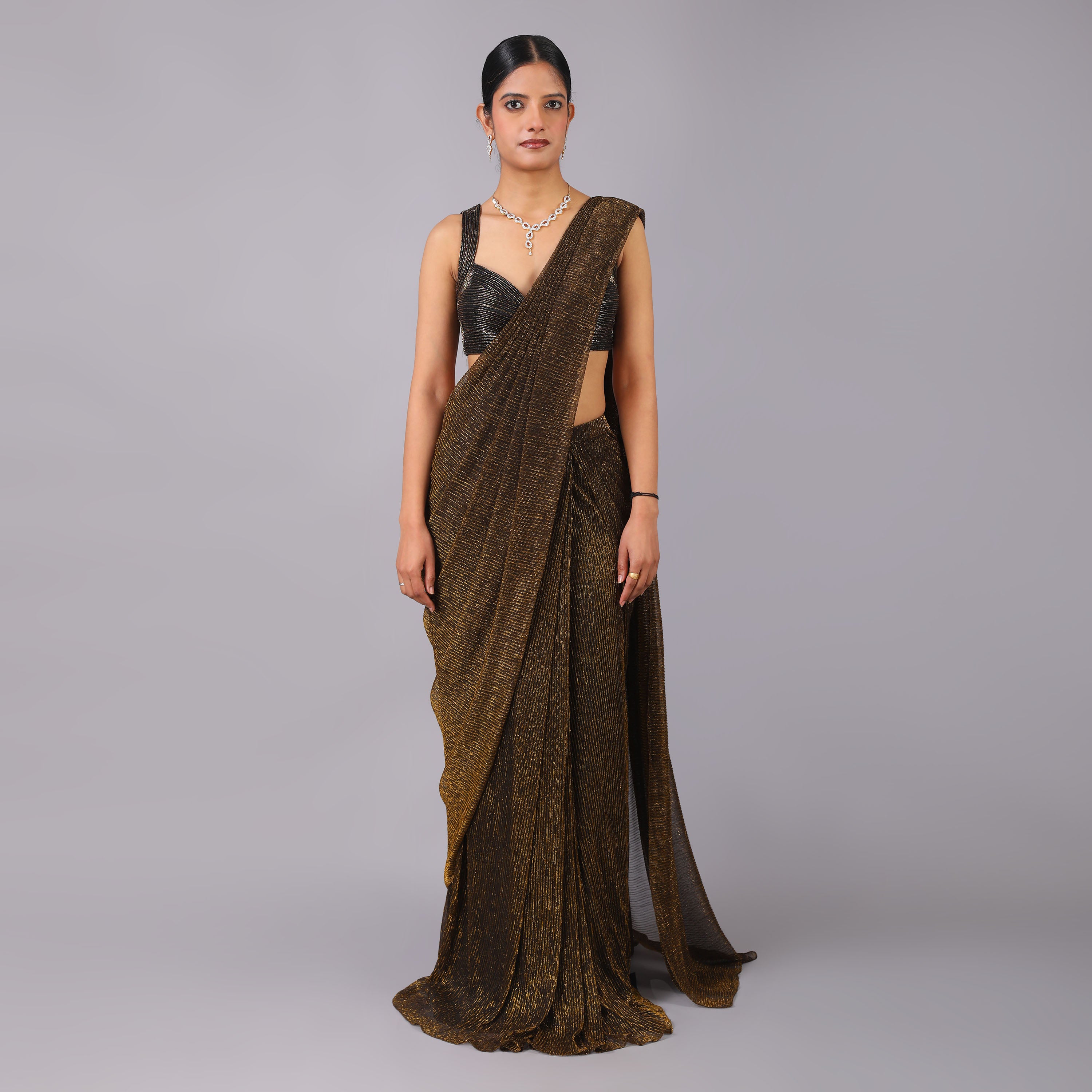 Shimmering Bronze Metallic Pre-Draped Saree Geometric Blouse