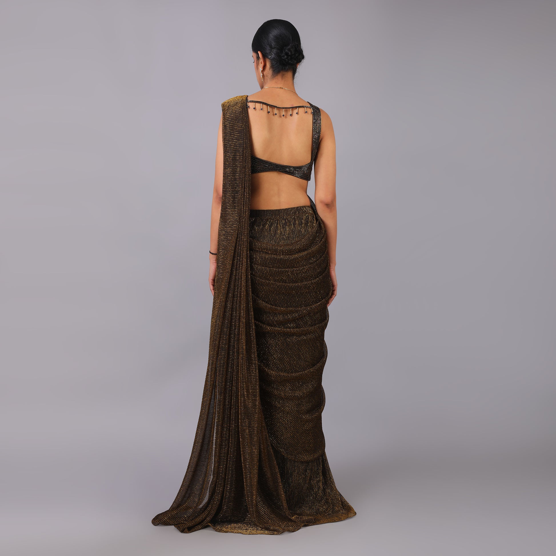 Shimmering Bronze Metallic Pre-Draped Saree Geometric Blouse