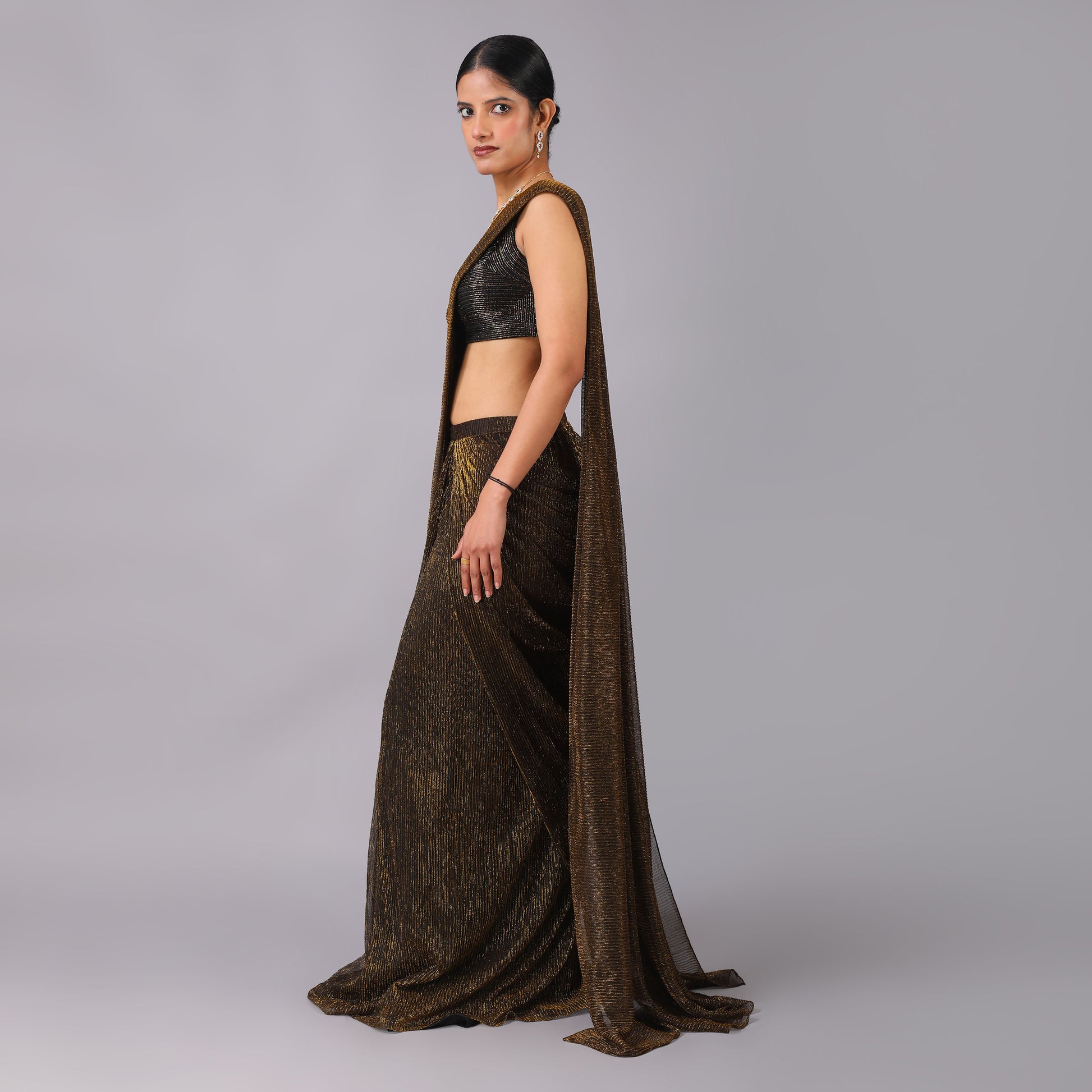 Shimmering Bronze Metallic Pre-Draped Saree Geometric Blouse