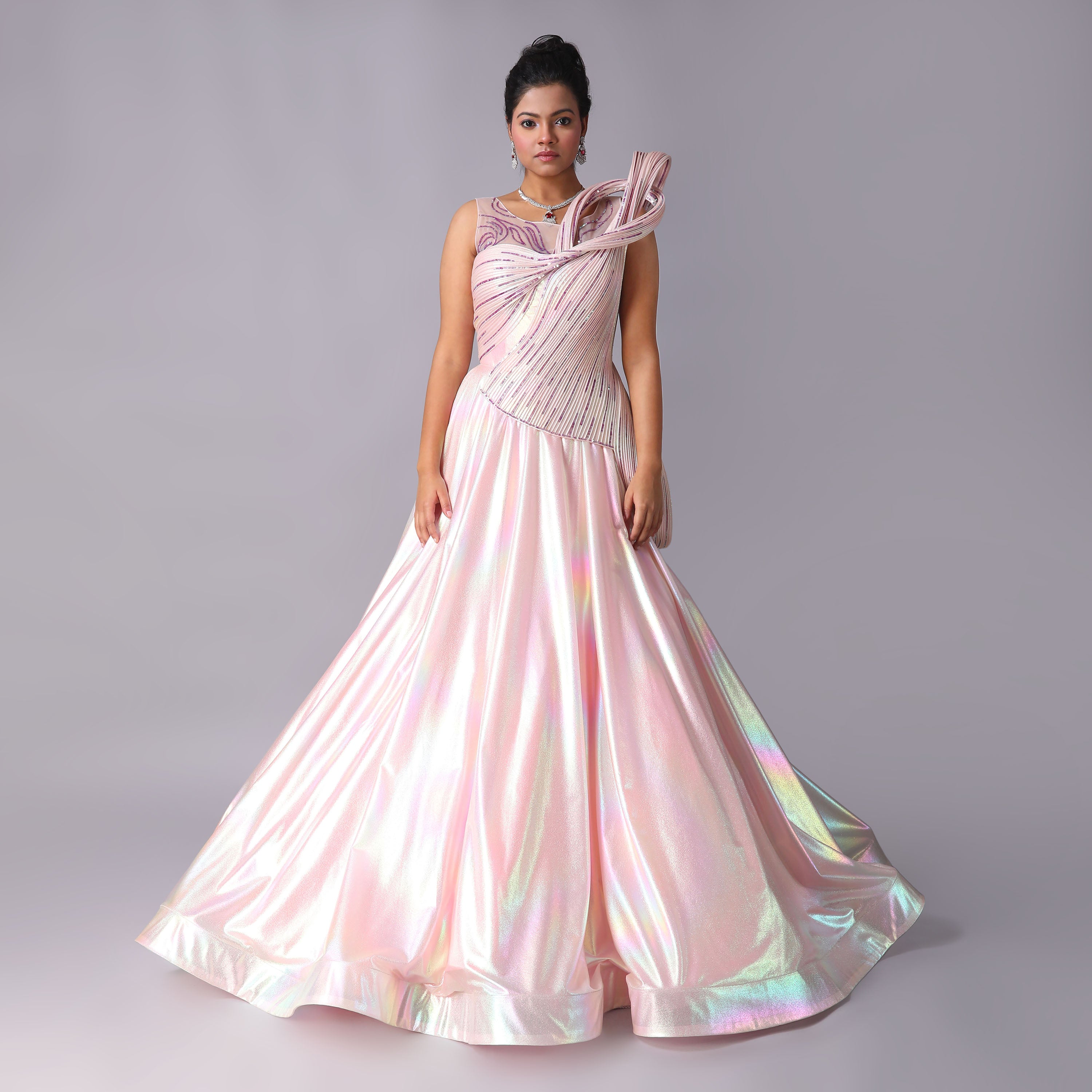 Elegant Holographic Blush Pink Sculpted Net Evening Gown