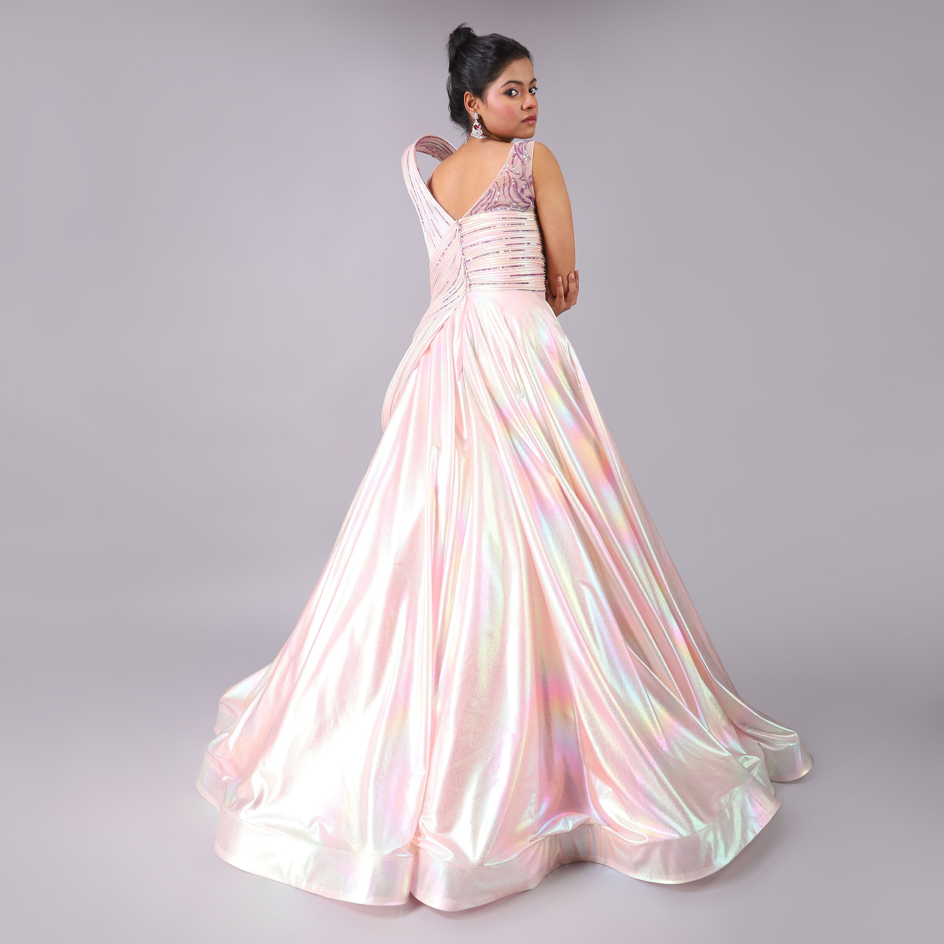 Elegant Holographic Blush Pink Sculpted Net Evening Gown
