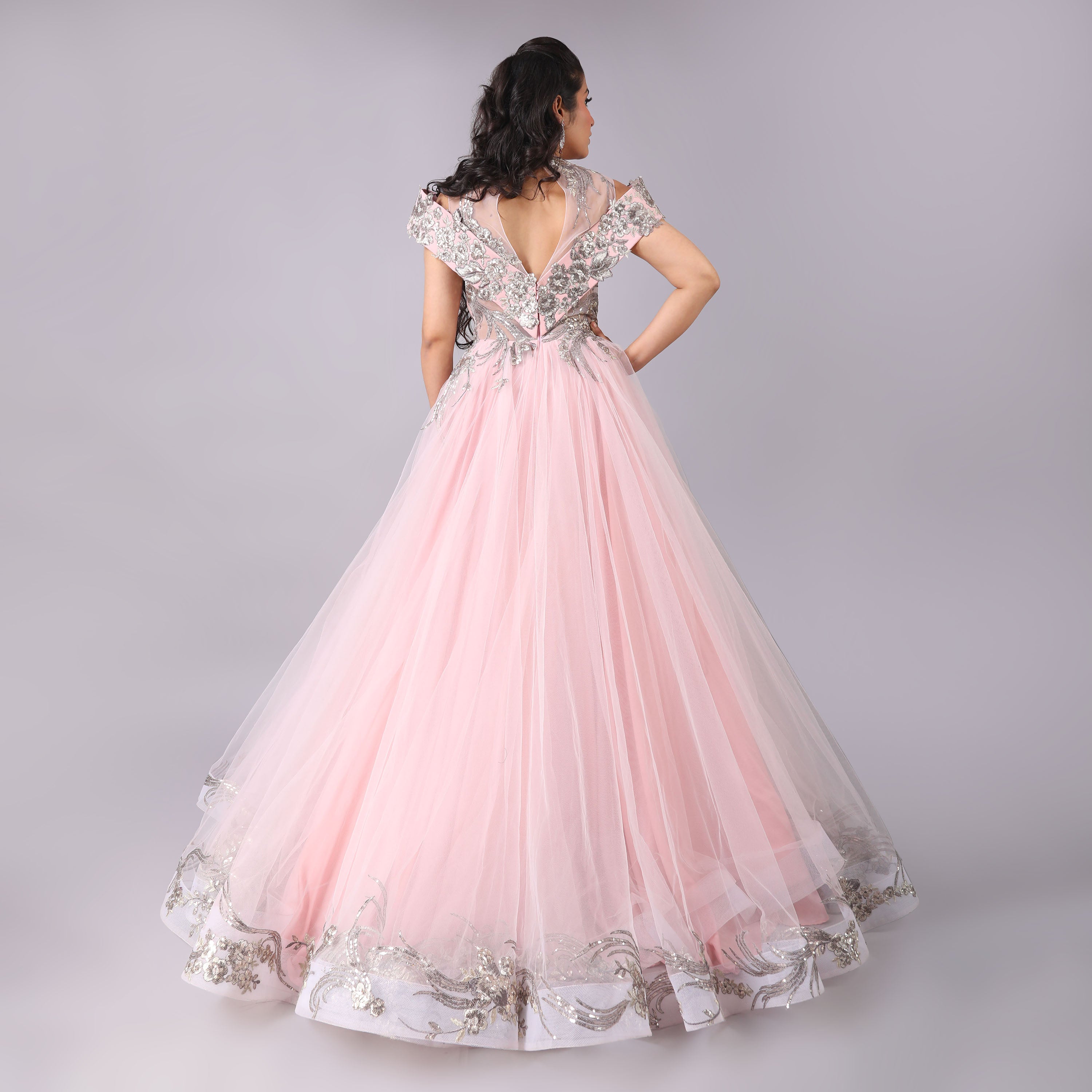 Blush Pink Off-Shoulder Net Gown with Silver Embellishments