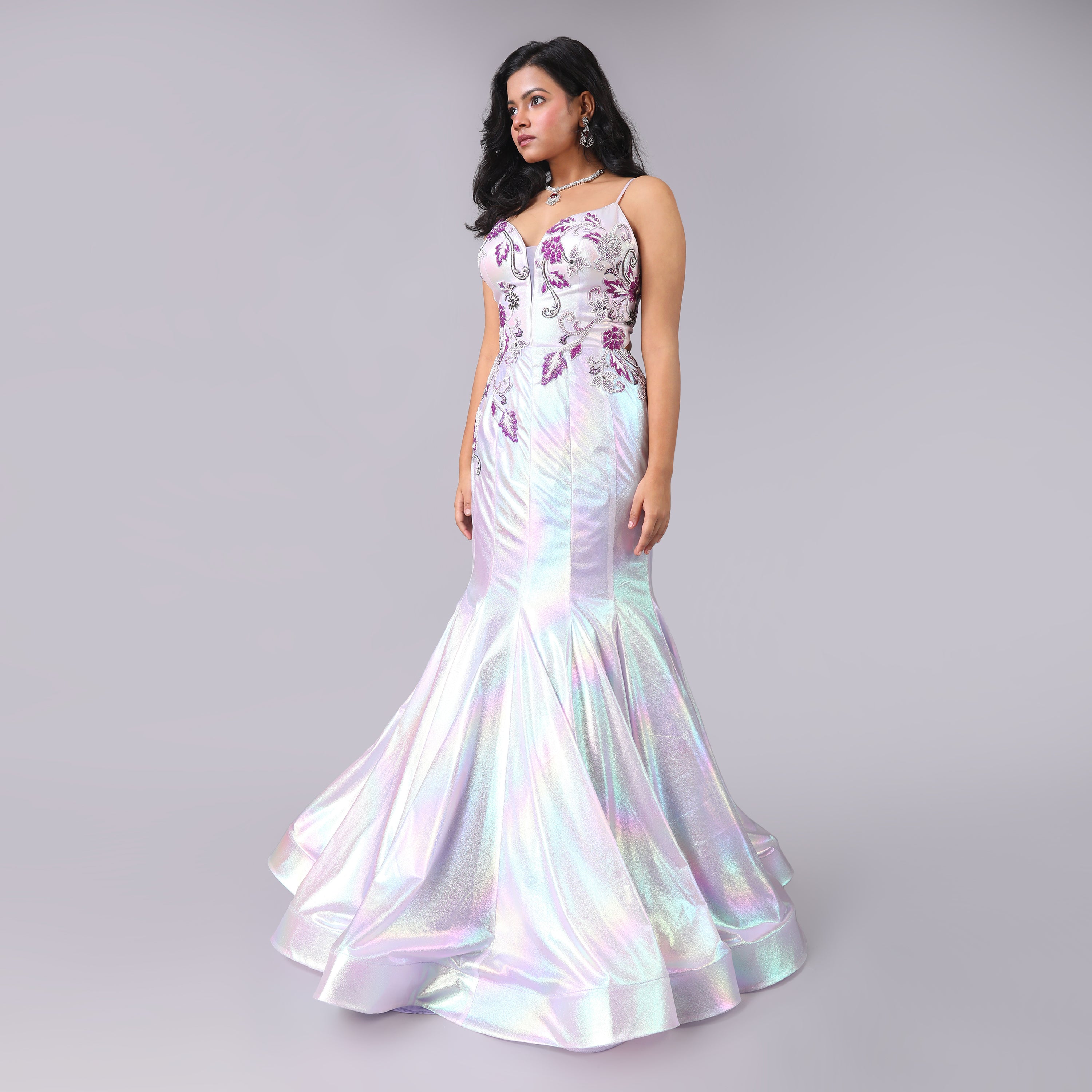 Glamorous Holographic Purple Fish Cut Gown Floral Embroidery
