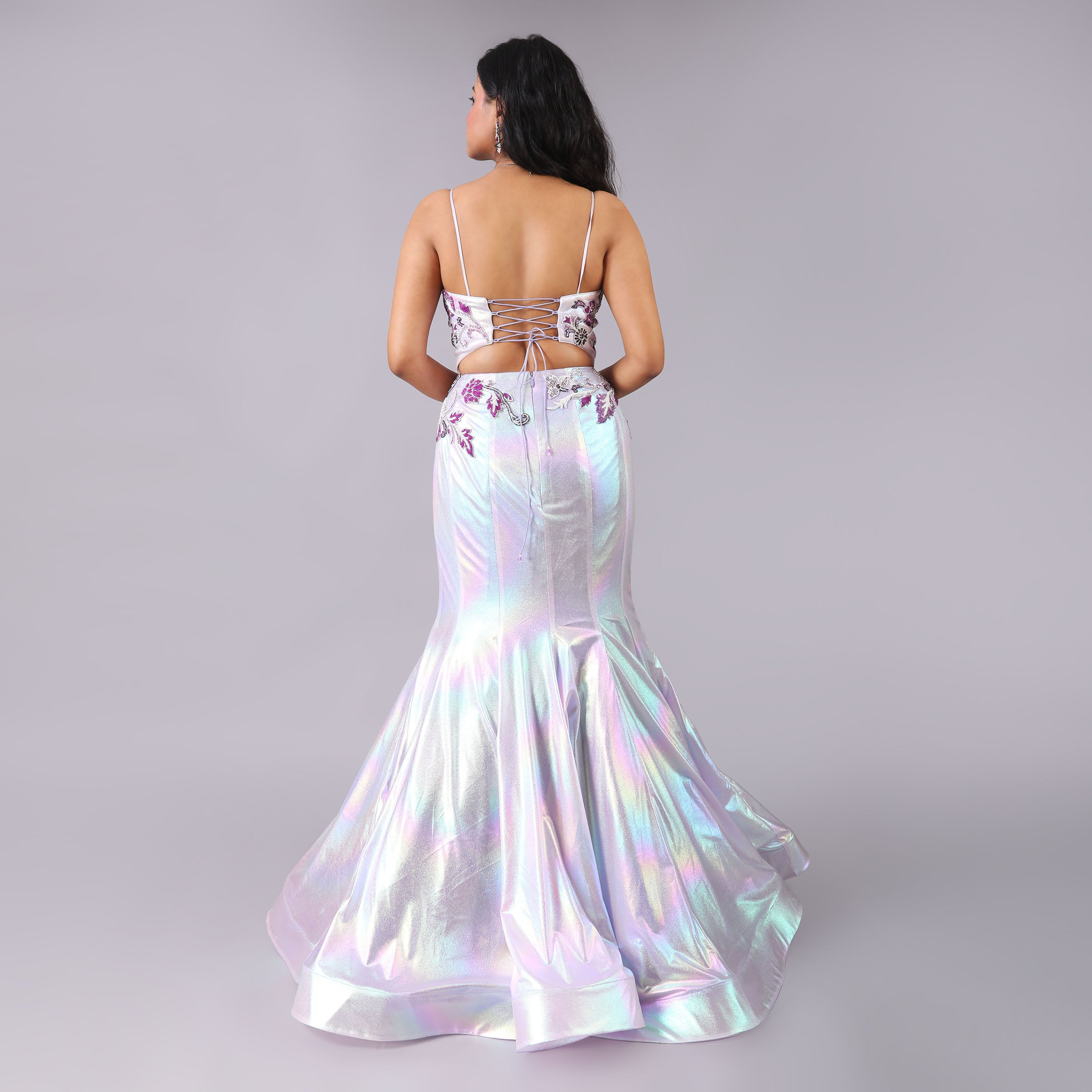 Glamorous Holographic Purple Fish Cut Gown Floral Embroidery