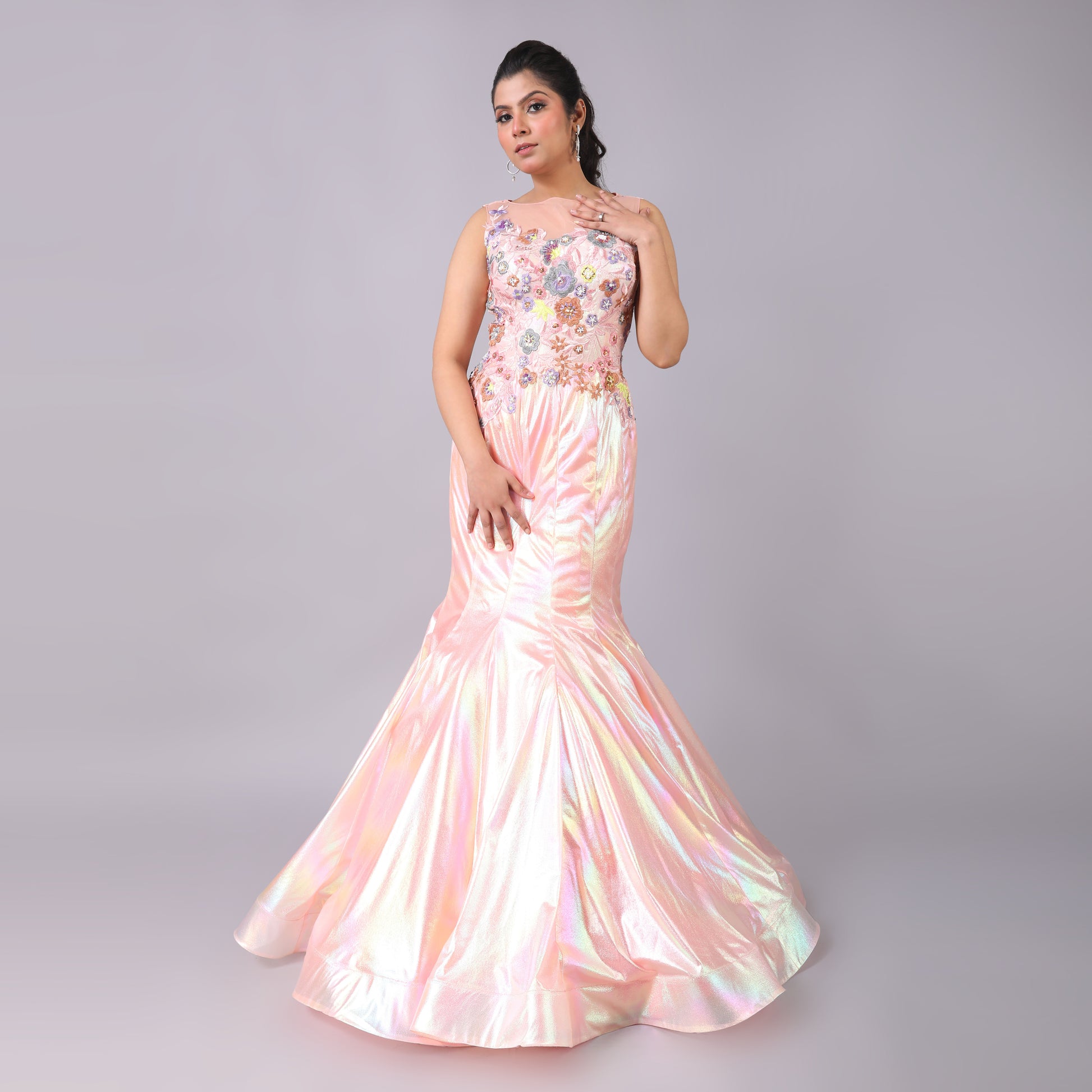 Glamorous Holographic Peach Net Fish Cut Gown 3D Floral Detail