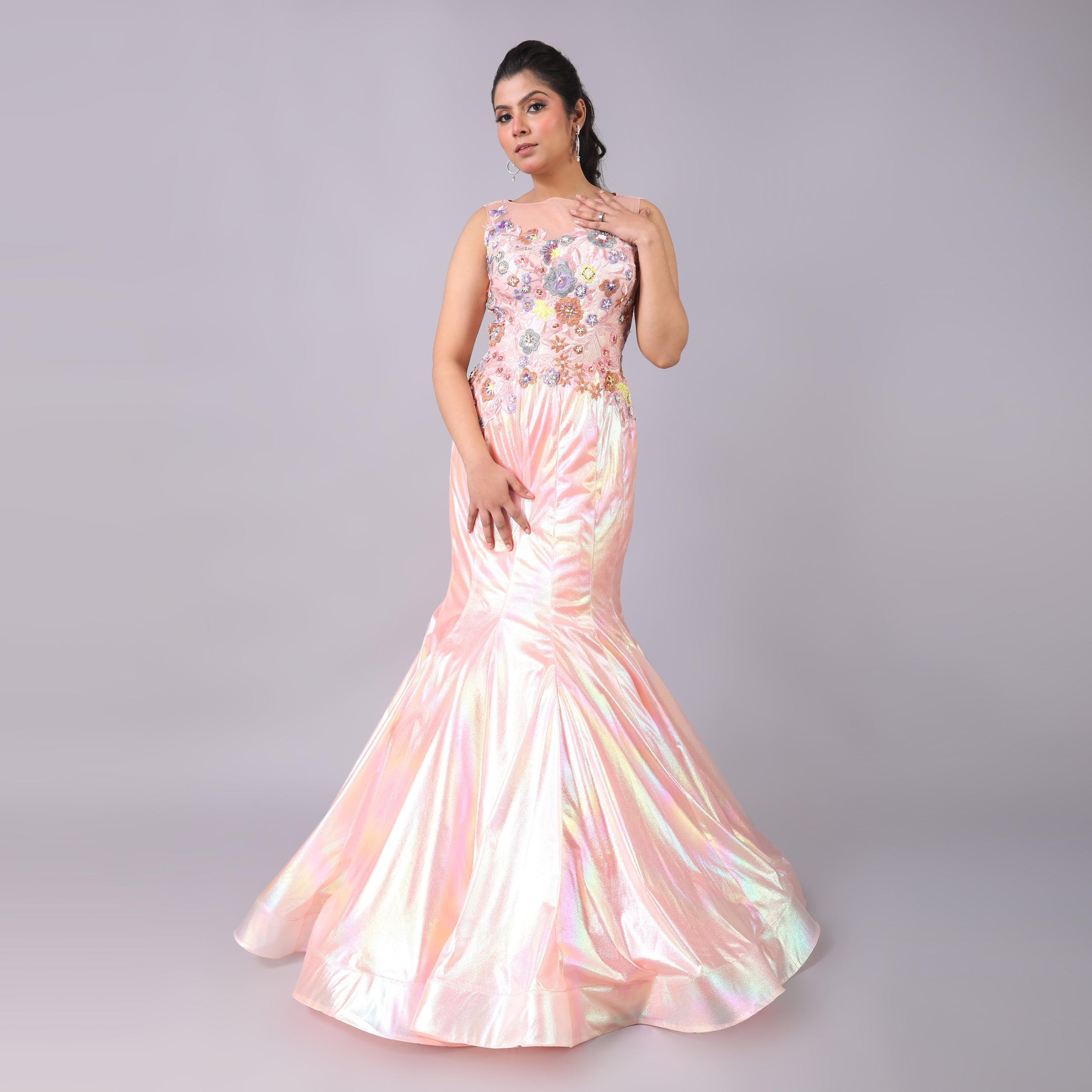 Glamorous Holographic Peach Net Fish Cut Gown 3D Floral Detail