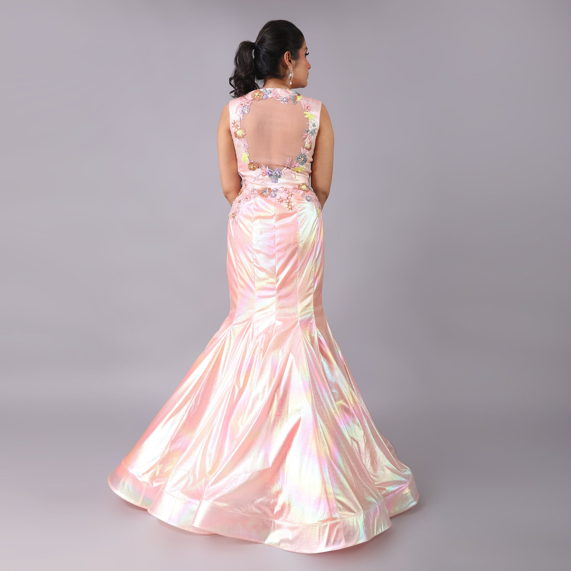 Glamorous Holographic Peach Net Fish Cut Gown 3D Floral Detail