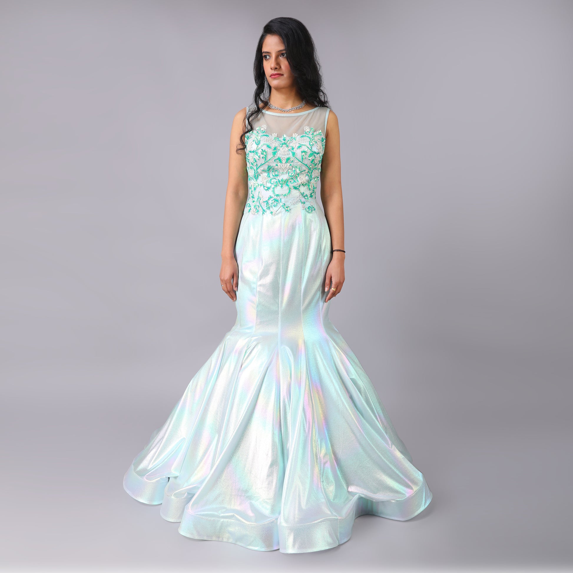 Glamorous Holographic Green Fish Cut Net Gown Floral Embroidery