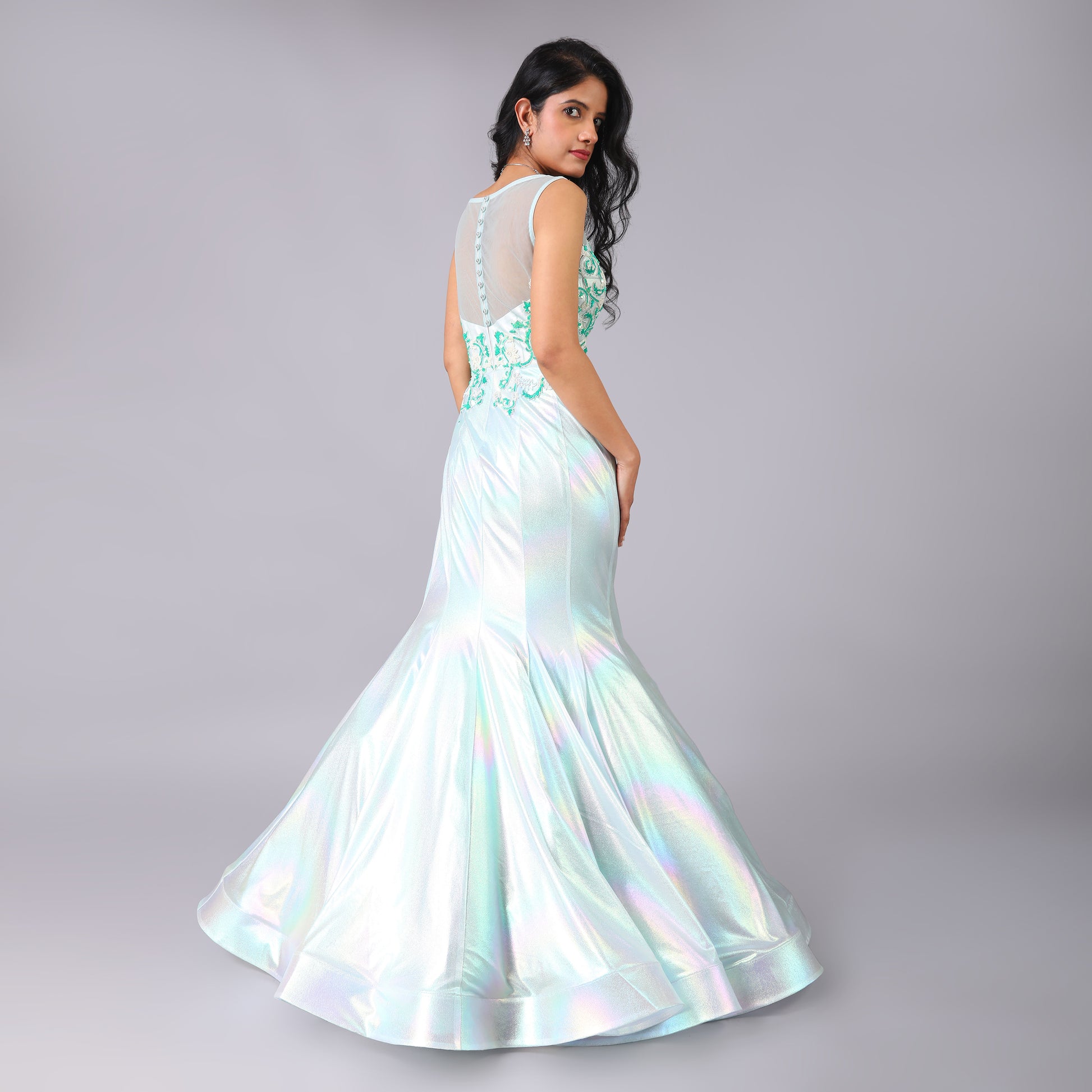 Glamorous Holographic Green Fish Cut Net Gown Floral Embroidery