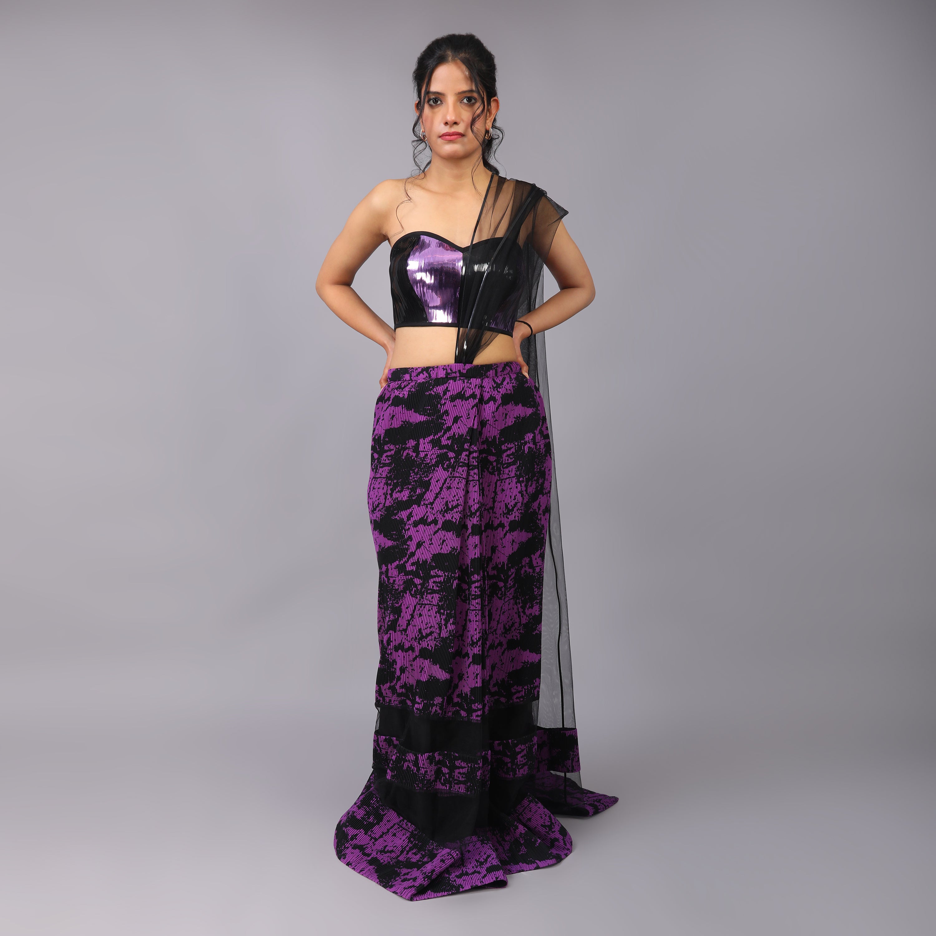 Bold Black & Purple Fusion Net Pre-Draped Saree Metallic Blouse