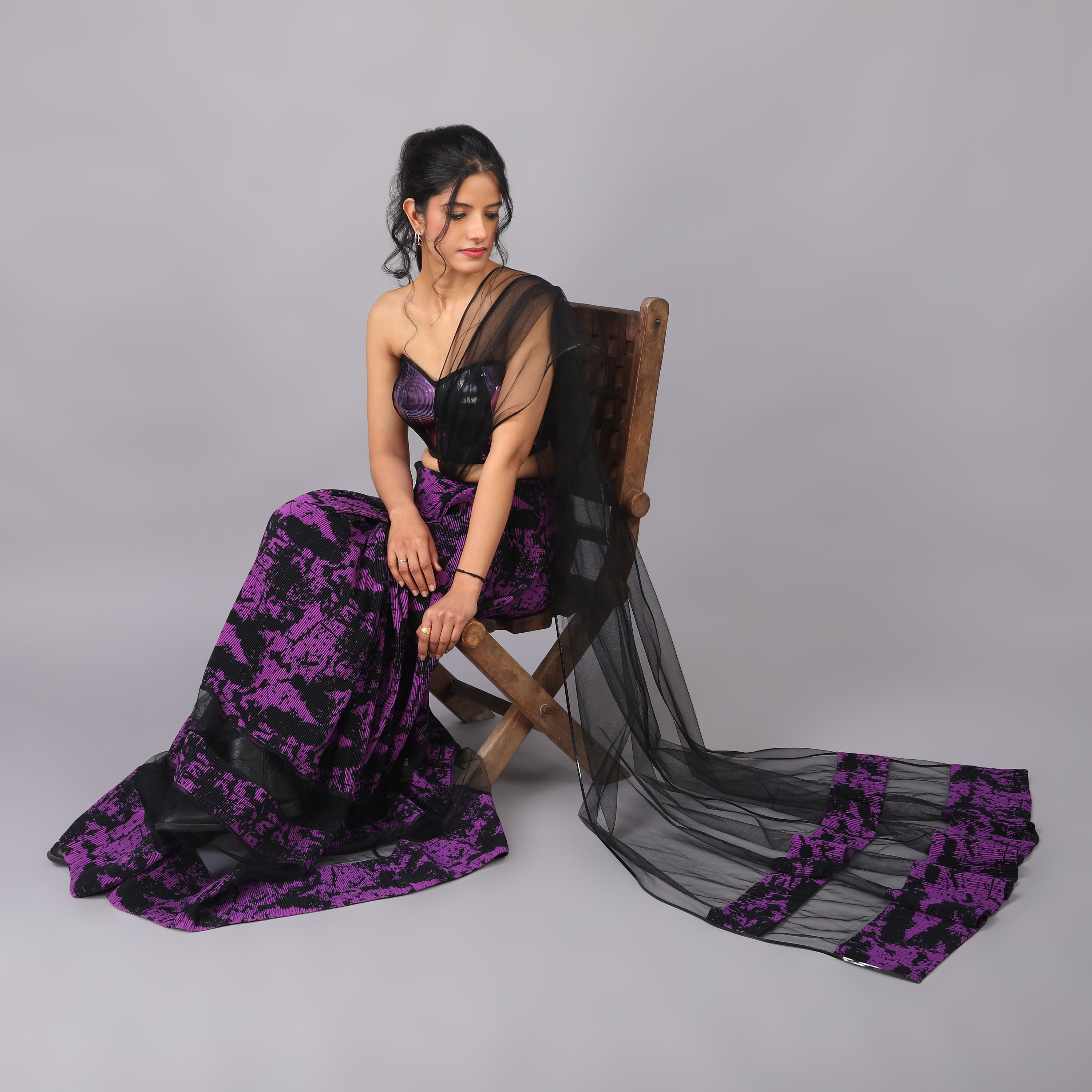 Bold Black & Purple Fusion Net Pre-Draped Saree Metallic Blouse