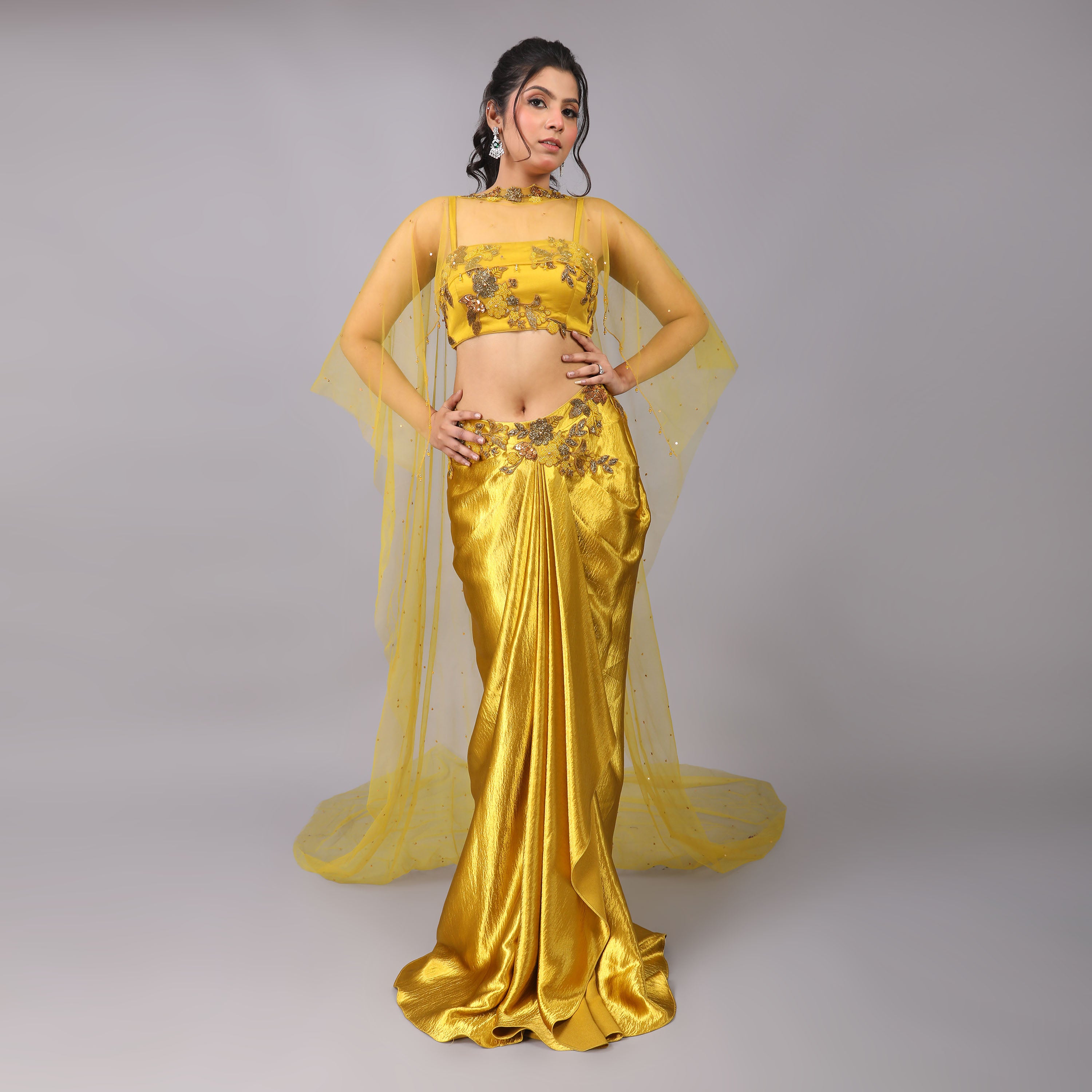 Glamorous Golden Drape Skirt Blouse & Sheer Trailed Cape Set
