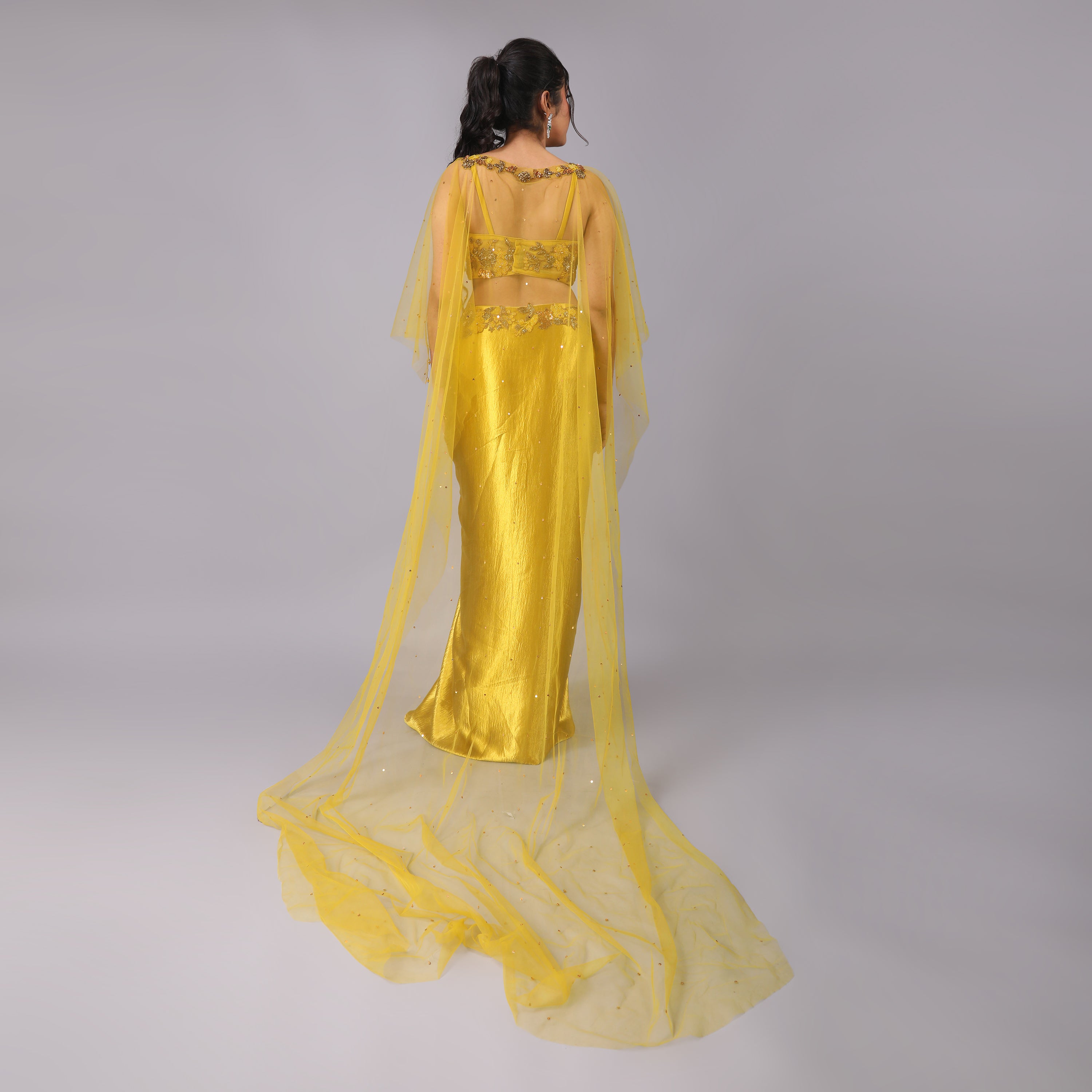 Glamorous Golden Drape Skirt Blouse & Sheer Trailed Cape Set