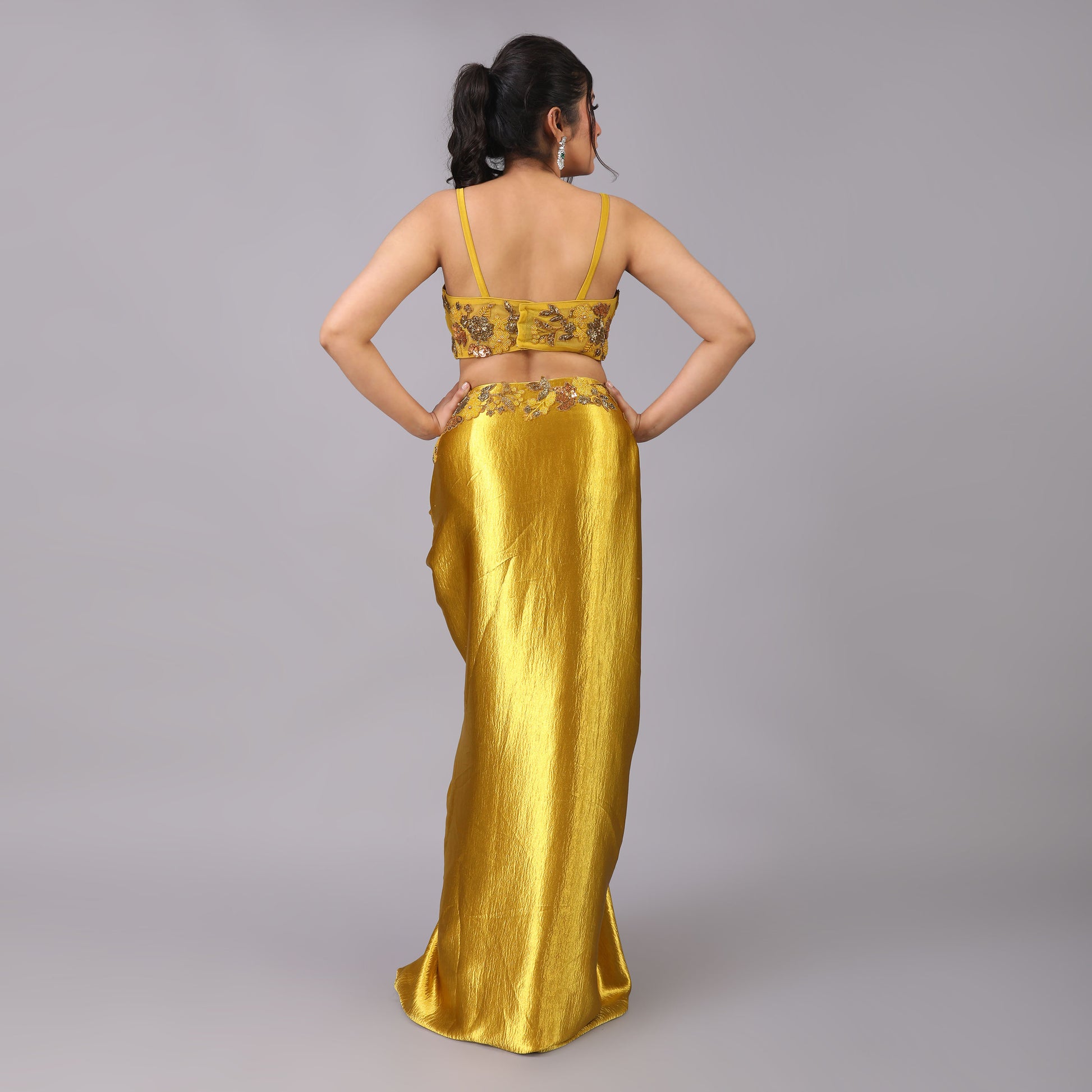 Glamorous Golden Drape Skirt Blouse & Sheer Trailed Cape Set