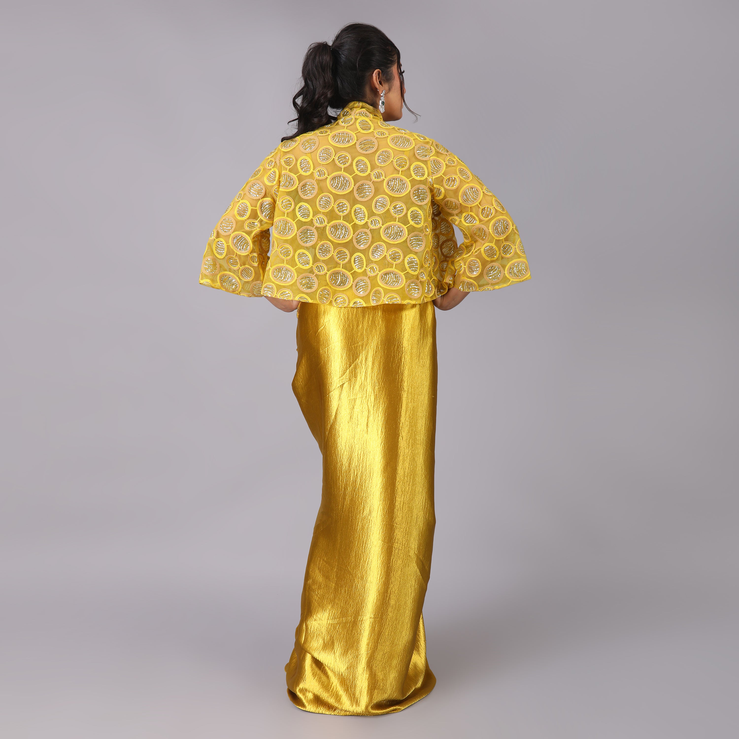Elegant Golden Drape Skirt Hand-Embroidered Blouse & Jacket Set