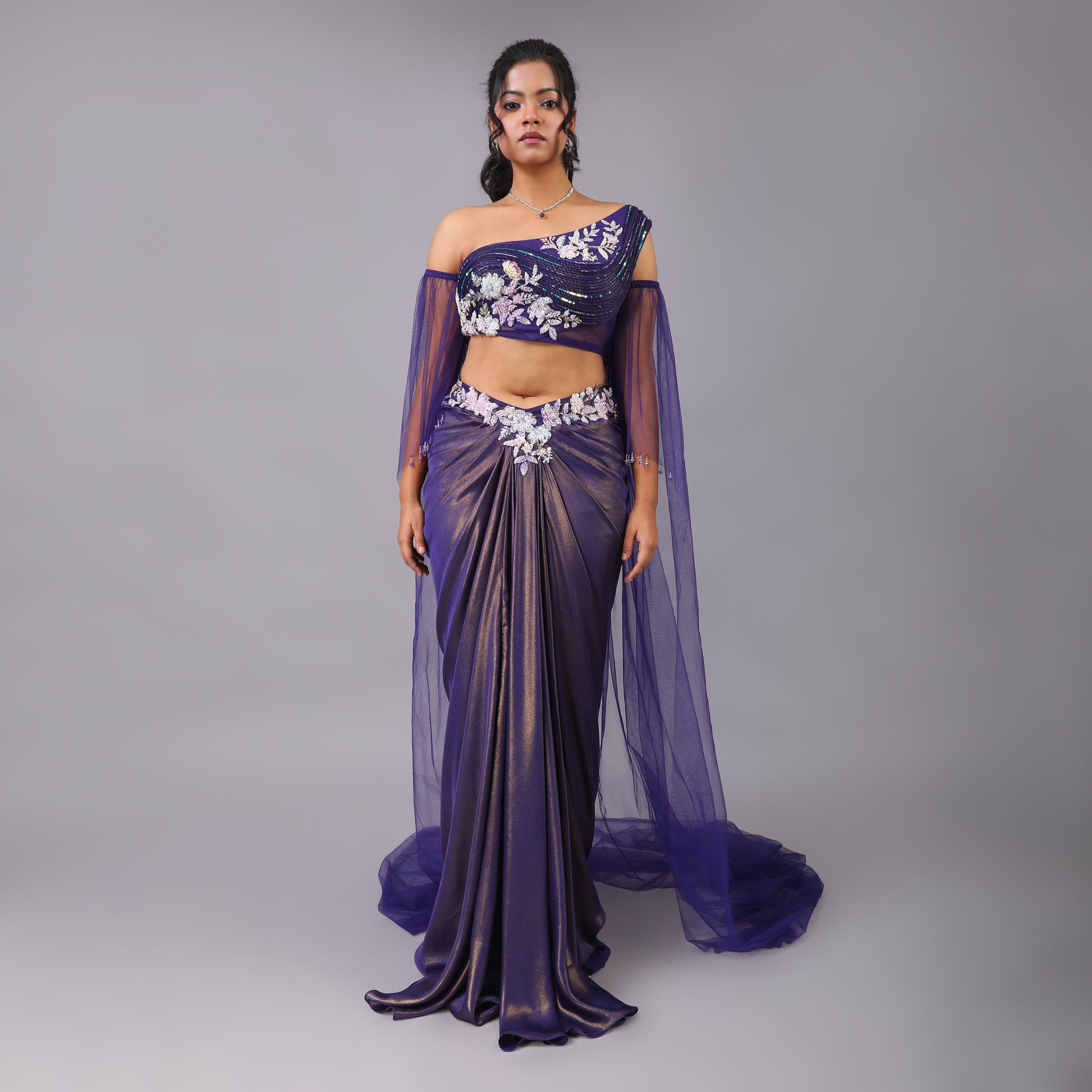 Shimmering Purple Draped Georgette Skirt Blouse & Cape Set
