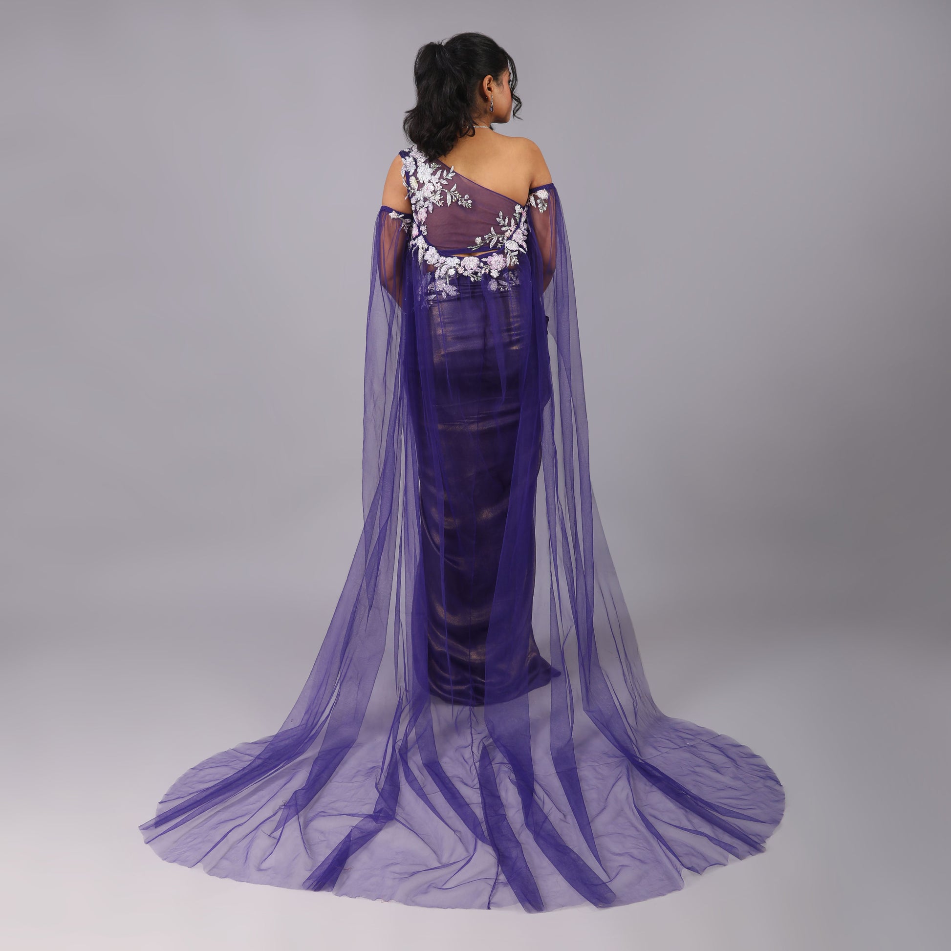 Shimmering Purple Draped Georgette Skirt Blouse & Cape Set