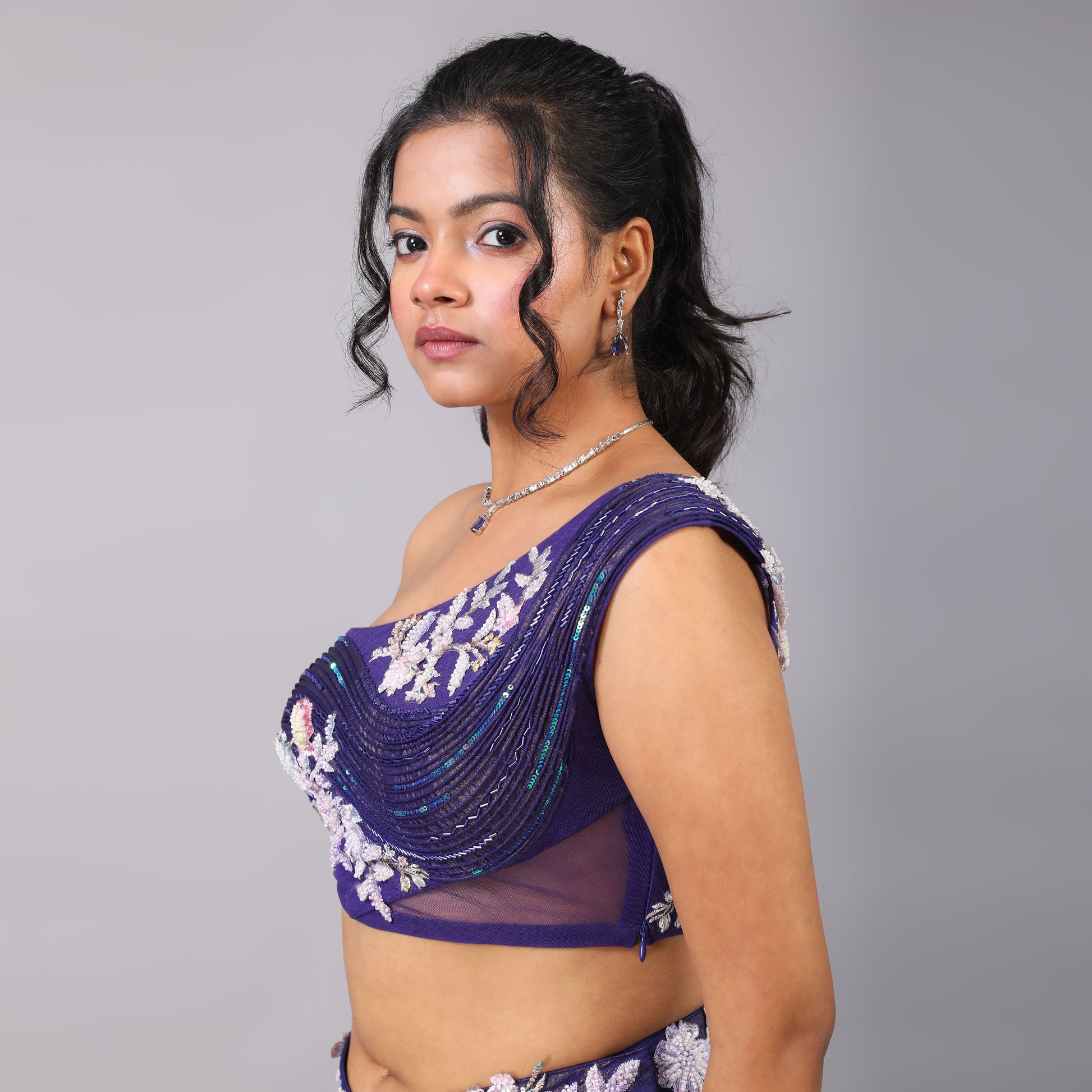 Shimmering Purple Draped Georgette Skirt Blouse & Cape Set