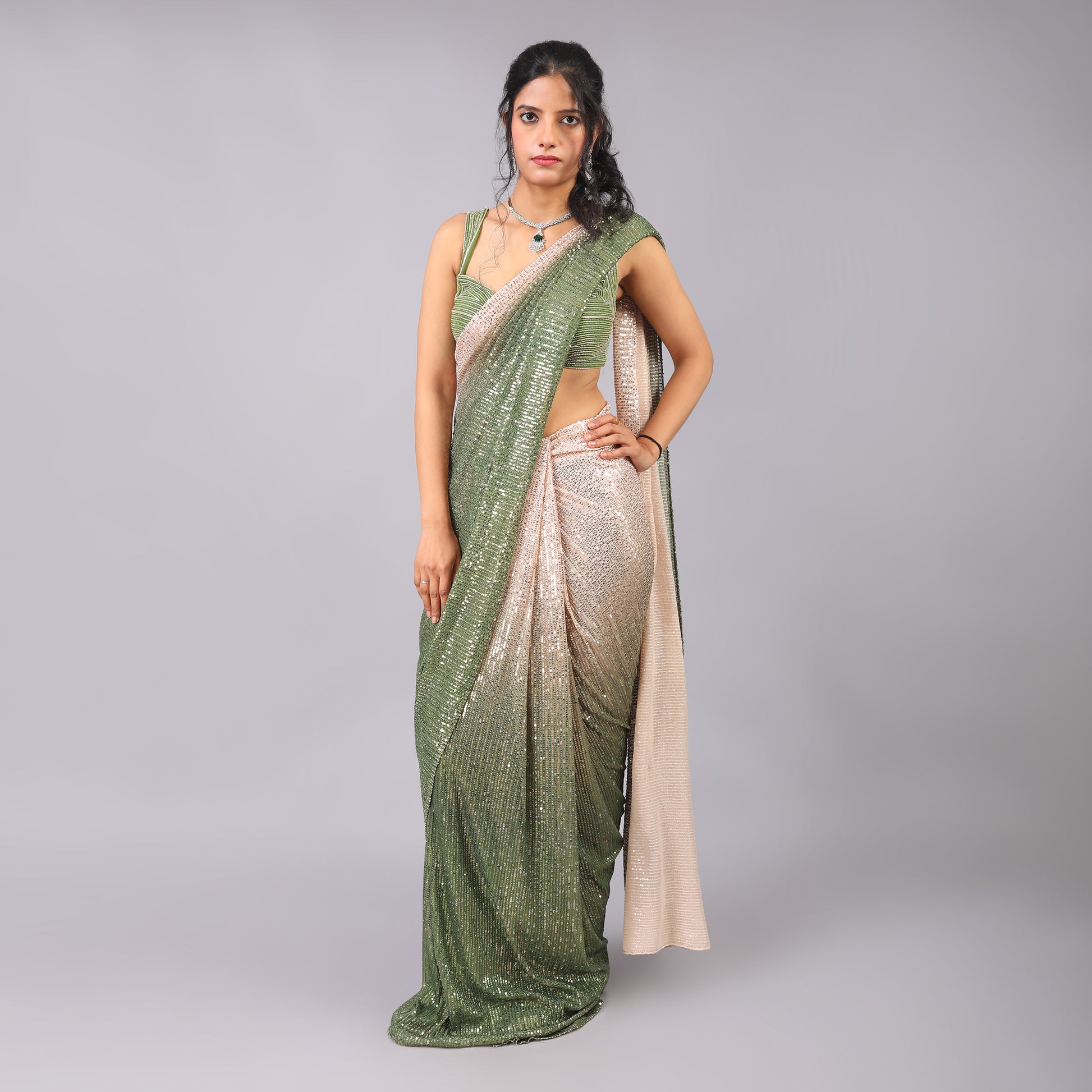 Dual-Toned Ombre Sequin Lycra Pre-Draped Saree Handwork Blouse