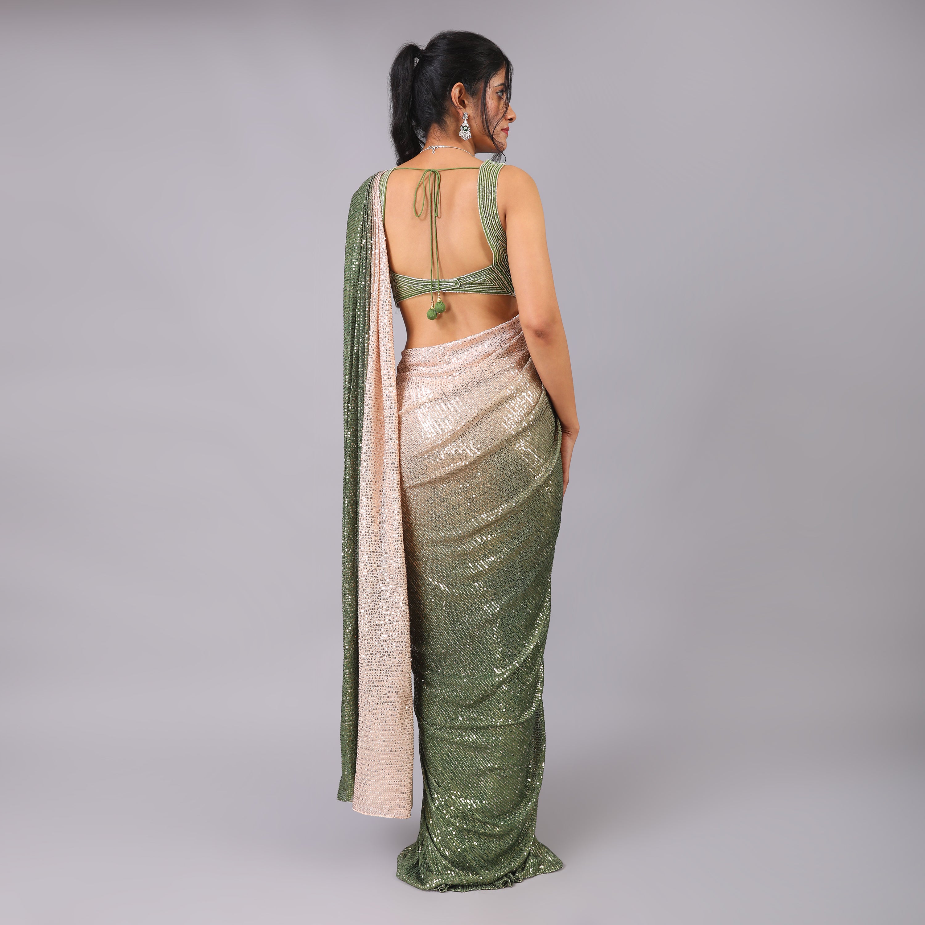 Dual-Toned Ombre Sequin Lycra Pre-Draped Saree Handwork Blouse