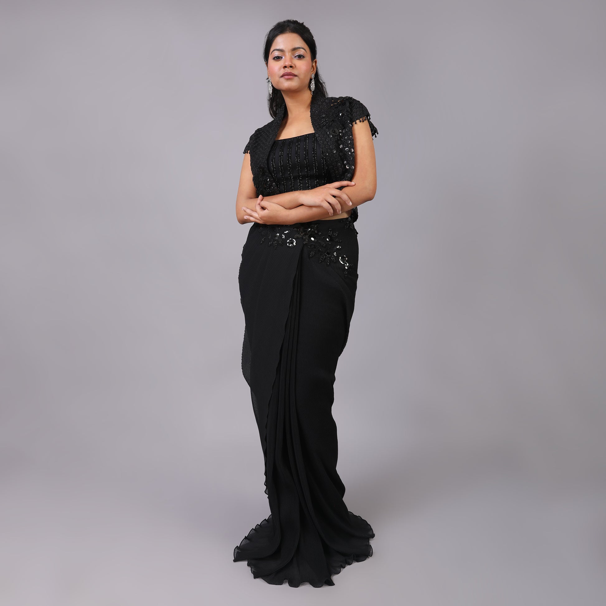 Chic Black Pleated Georgette Drape Skirt Blouse & Jacket Set