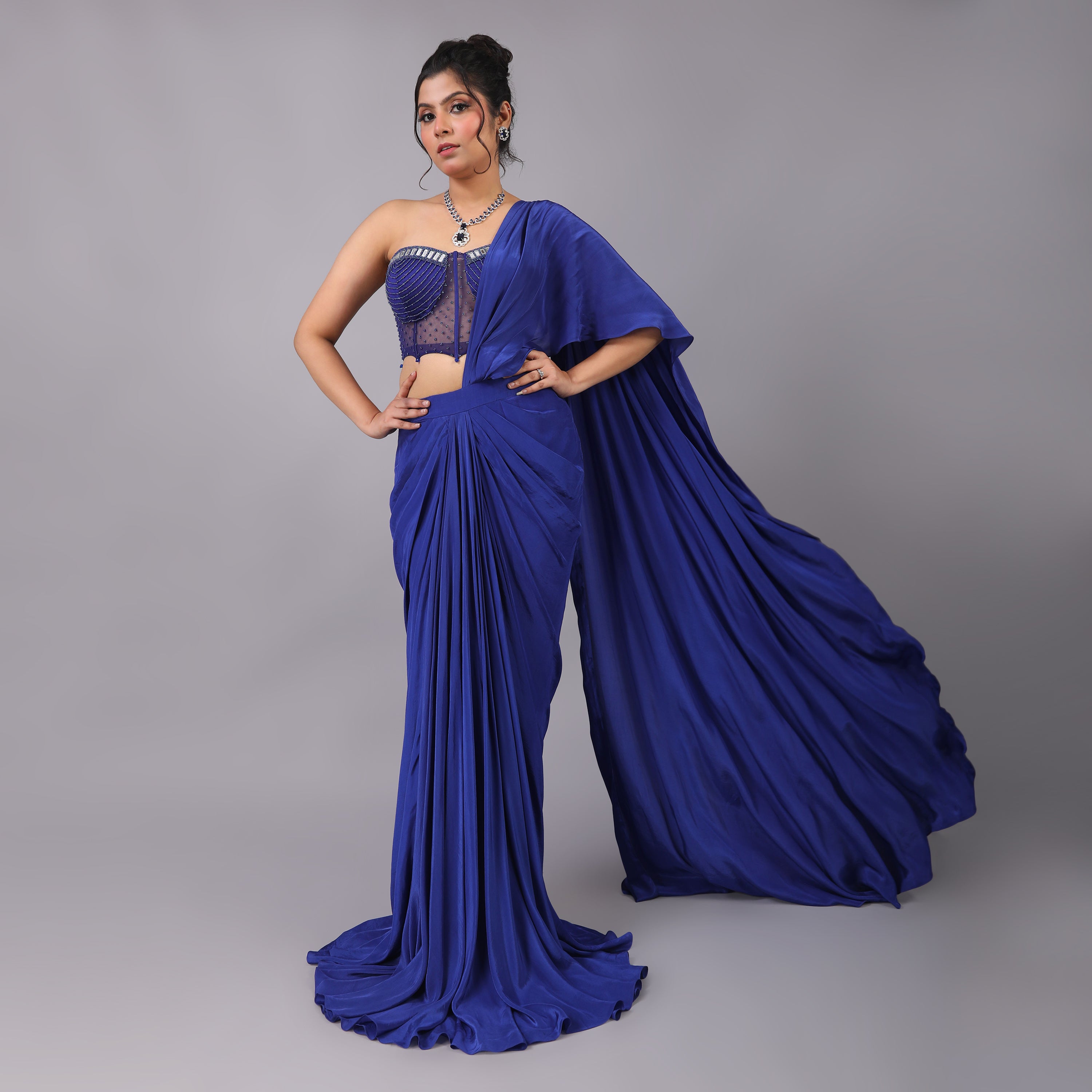 Royal Blue Crepe Pre-Draped Saree with Modern Corset Blouse