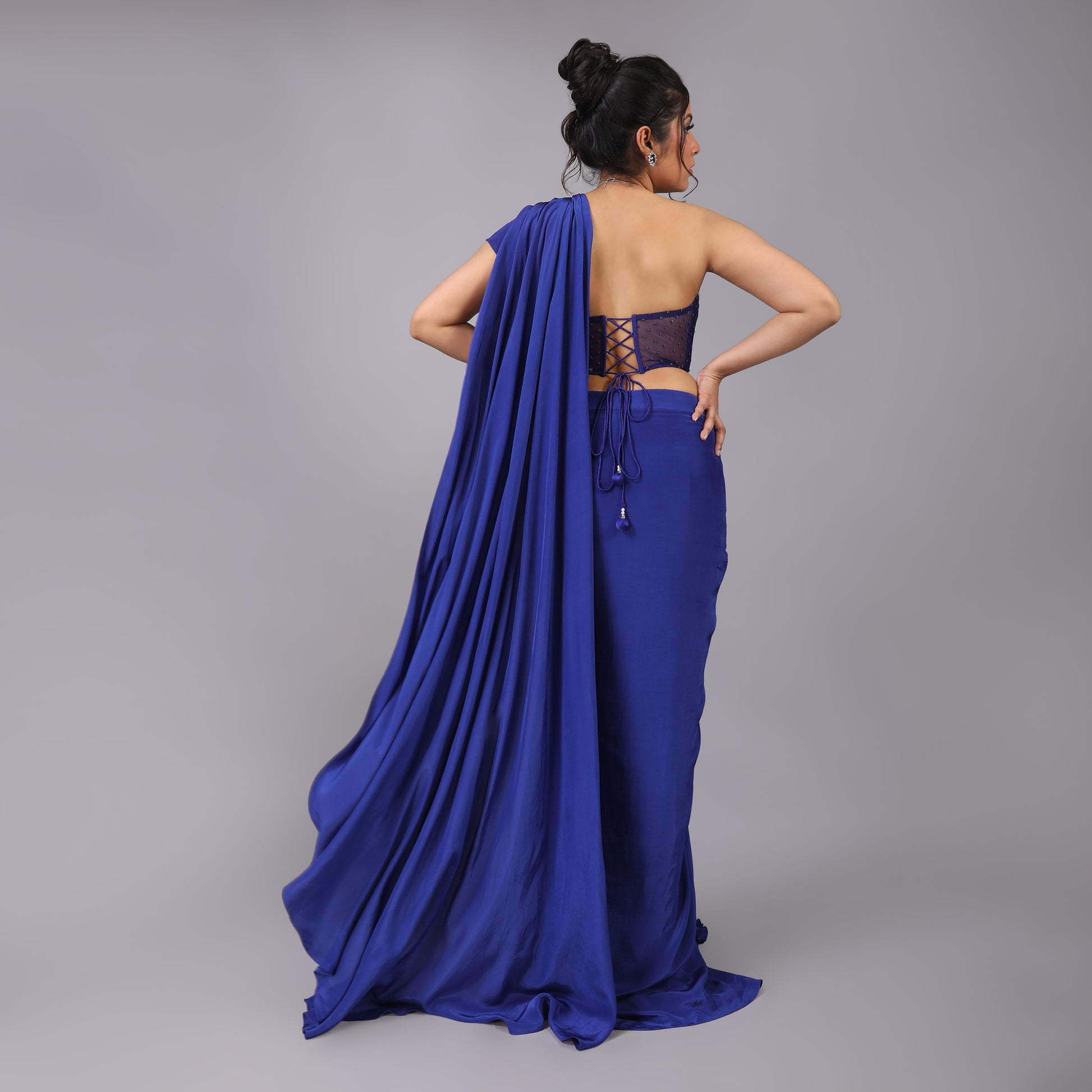 Royal Blue Crepe Pre-Draped Saree with Modern Corset Blouse