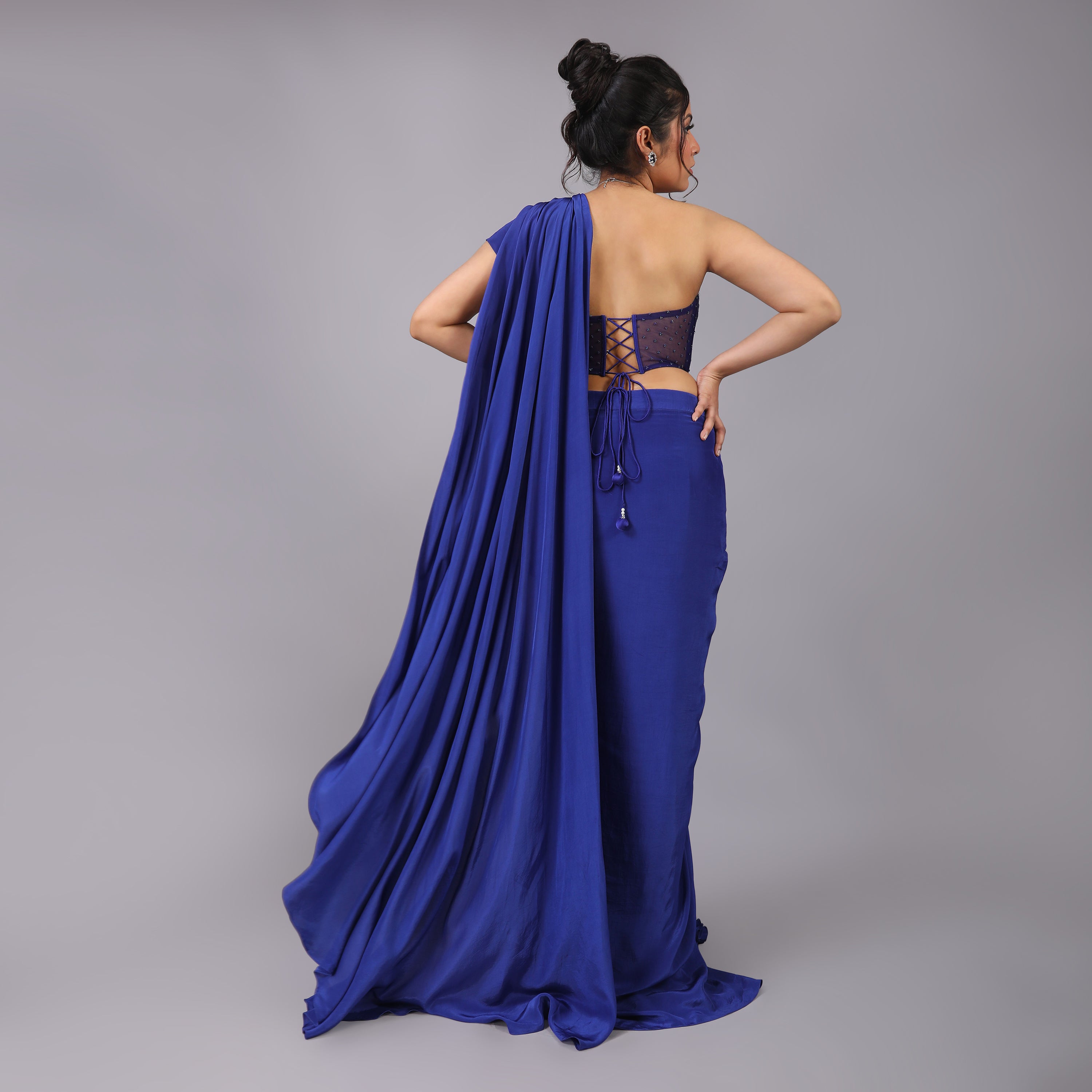 Royal Blue Crepe Pre-Draped Saree with Modern Corset Blouse